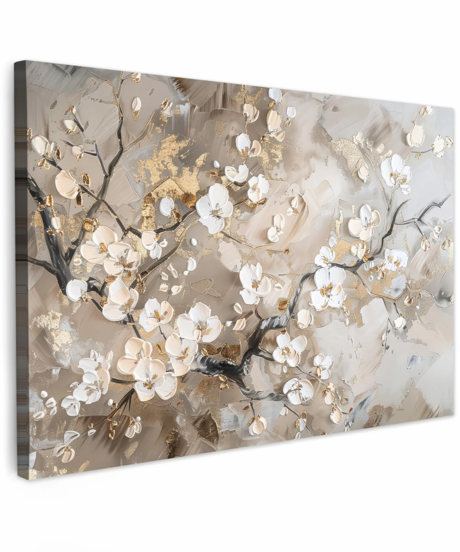 MuchoWow Stampa Foto 120x80 cm Quadro Moderno Stampe Da Parete Canvas Fiori Bianco Oro Beige