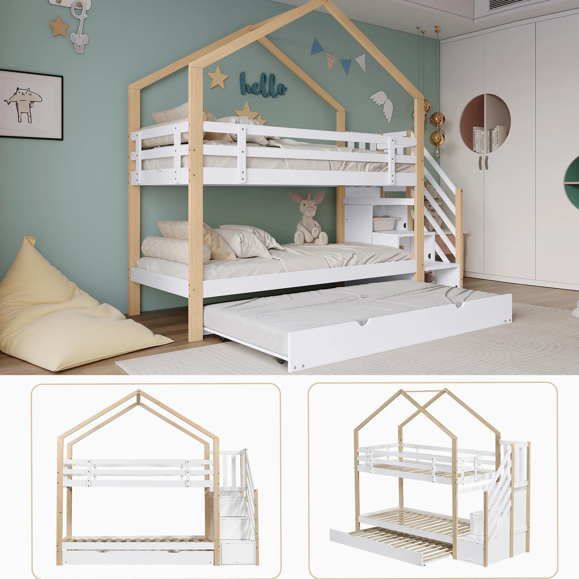 Rtopsu Letto per Bambini a Castello 90x200 cm con Letto Estraibile, Letto a Soppalco per Ragazzi con Scale e Contenitore Cassetti, Rete a Doghe in Legno, Bianco, Senza Materasso