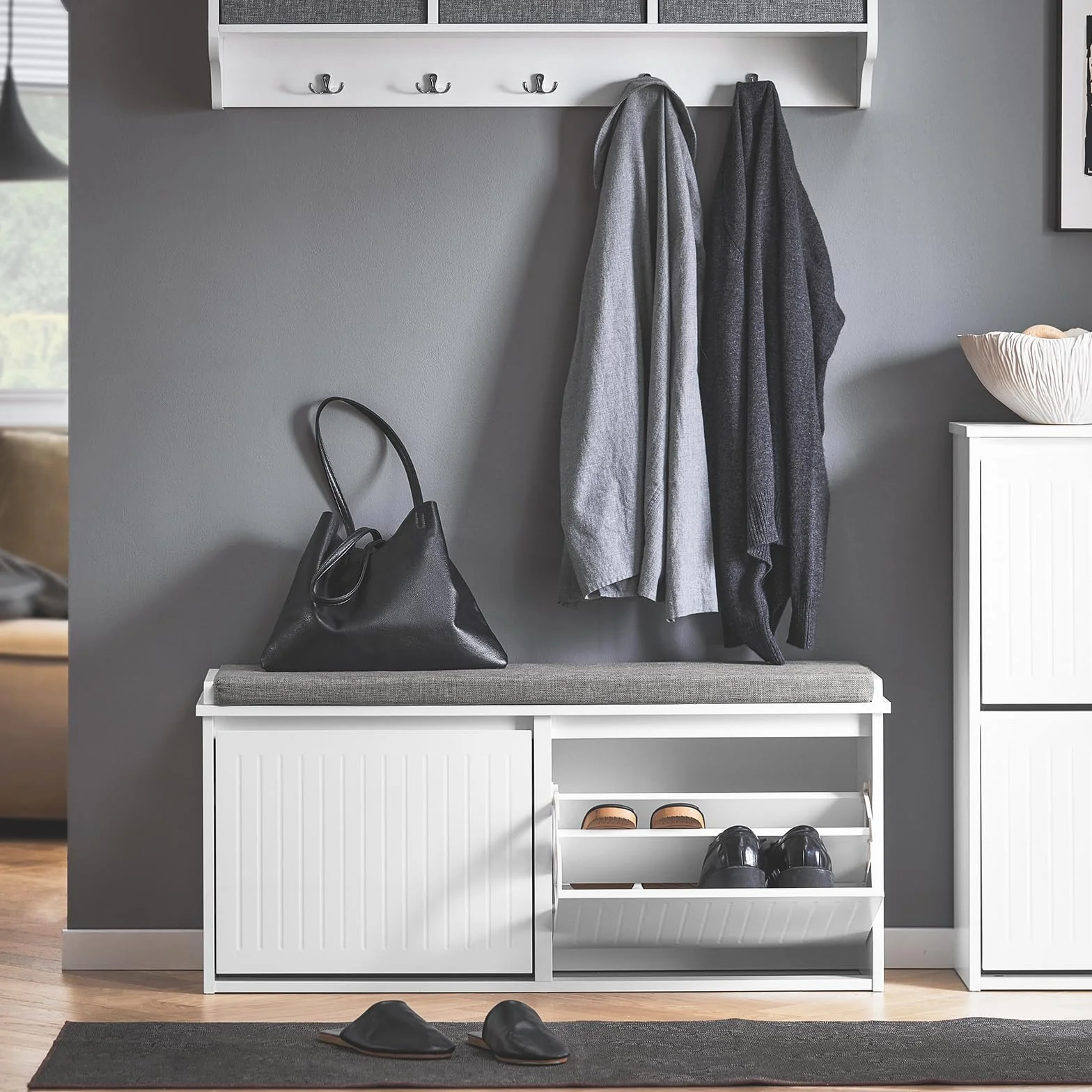 SoBuy Panca Scarpiera da Ingresso Salvaspazio Slim in Legno, 100x26x46cm, Bianco, FSR98-XL-W