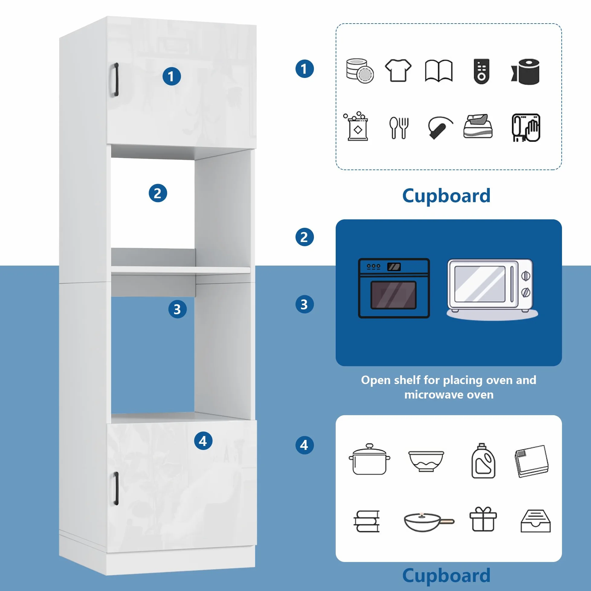 MSFE Colonna Forno e Microonde da Incasso,Mobile Alto da Cucina 60 * 57.2 * 207cm,Mobile Cucina Salvaspazio in Legno,Cucina a Buffet con 2 Ante e 2 Ripiani Bianco Lucido,Spedito in 2 Pacchi