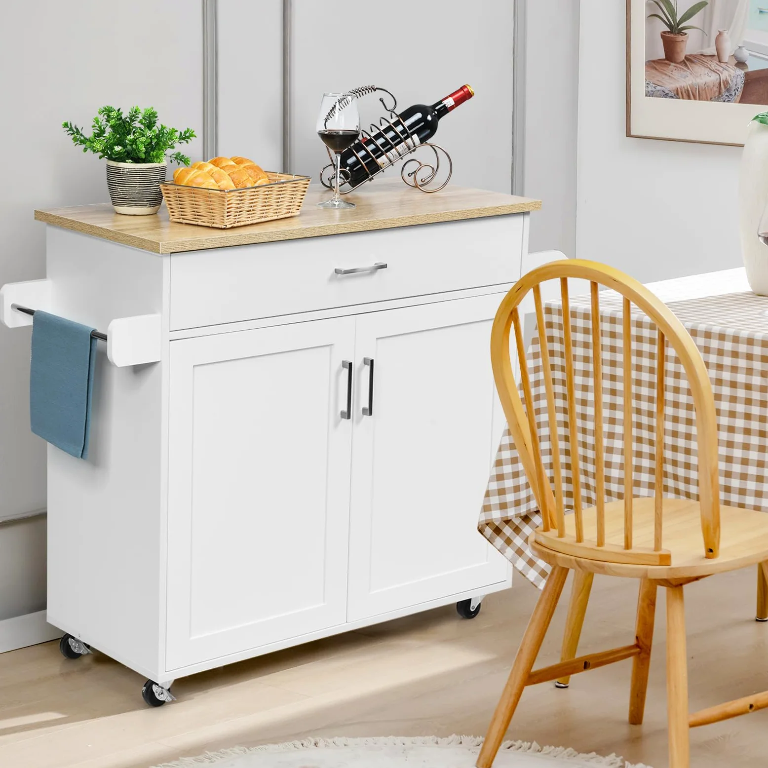 KOMFOTTEU Carrello da Cucina Ausiliario, Carrello di Servizio con Cassetto e Ripiano Regolabile, Isola da Cucina da Sala da Pranzo con Ruote Universali con Freni, in Legno, 116 x 40 x 85 cm, Bianco