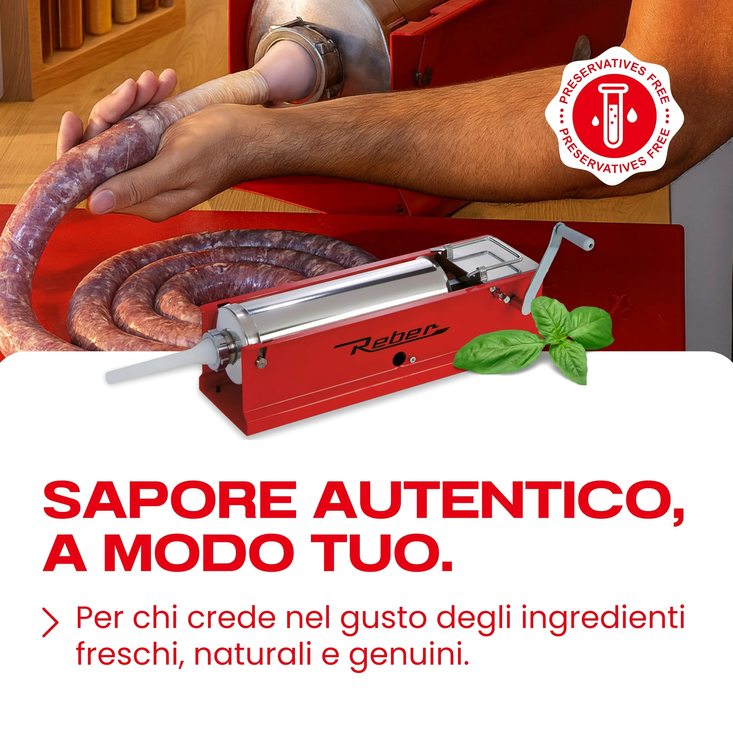 Reber Insaccatrice Manuale 6,8L/8KGS – Macchina per Salsicce Orizzontale con Sistema a 2 Velocità, per Uso Domestico e Professionale - Struttura Robusta in Acciaio INOX – 4 Imbuti Inclusi