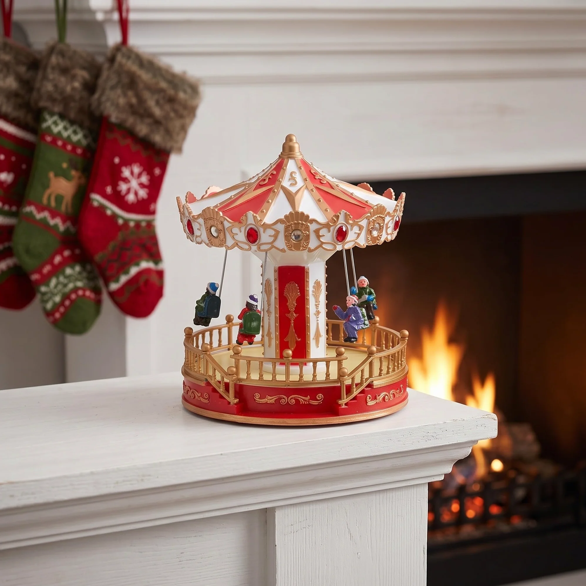 TOYANDONA Giostra natalizia illuminata: giostra rotante in resina - Decorazione da tavolo con Babbo Natale a LED e musica - Statuetta musicale a forma di altalena per le feste, ideale per decorare