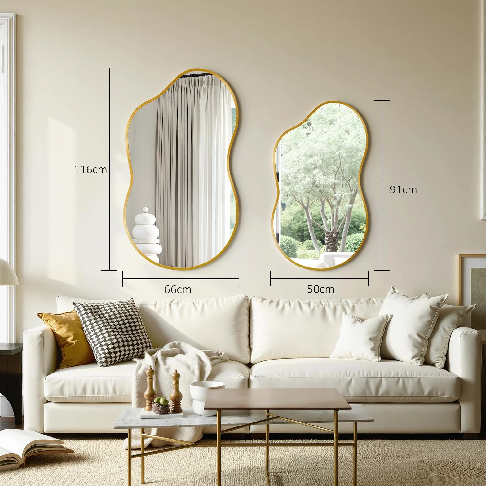 MAMIZO Specchio asimmetrico, 50 x 91 cm, specchio da parete di forma irregolare, vetro temperato, cornice in alluminio, specchio decorativo, specchio da trucco unico, specchio da bagno, oro