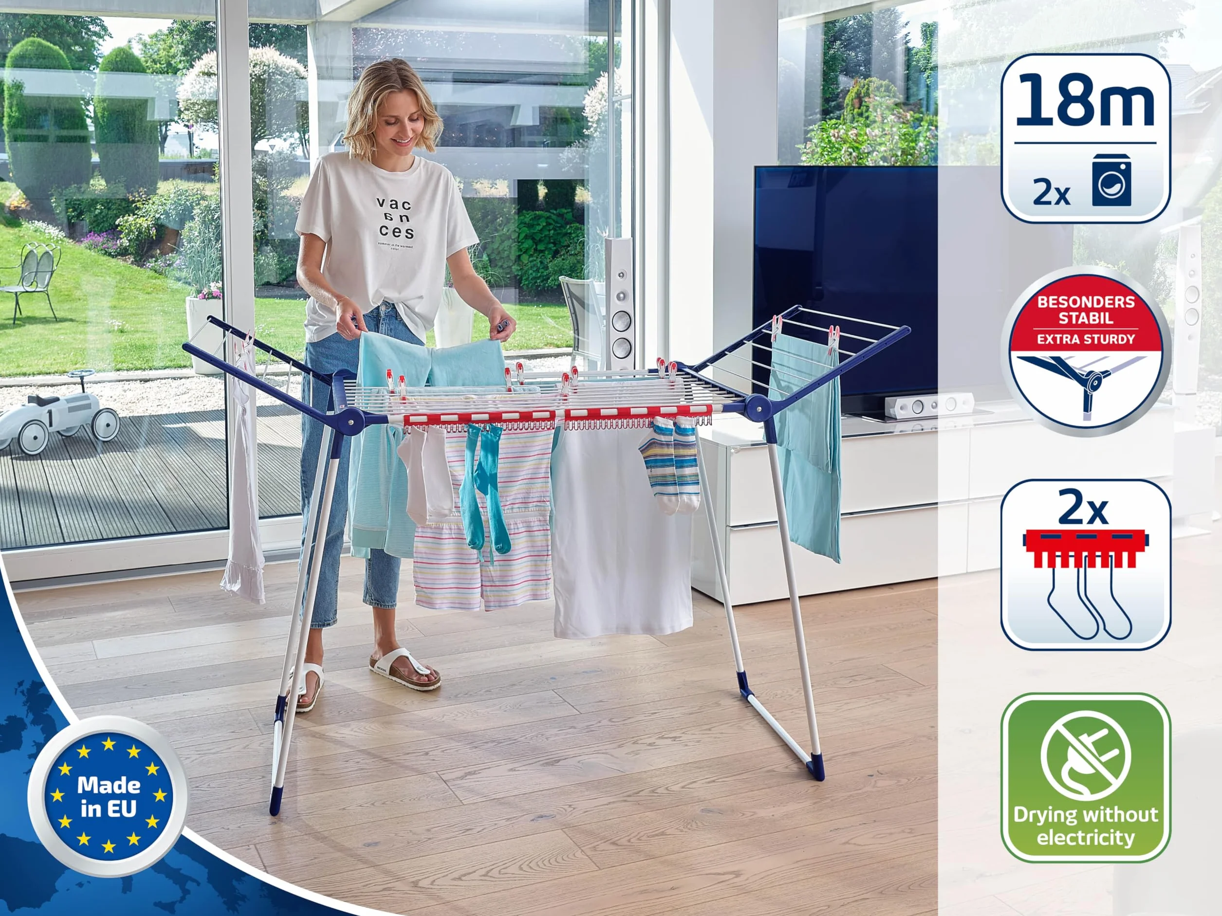 Leifheit Pegasus 180 Solid Stendibiancheria, Stendino Allungabile con Ali Pieghevoli, Stendibiancheria Estensibile per Interni ed Esterni