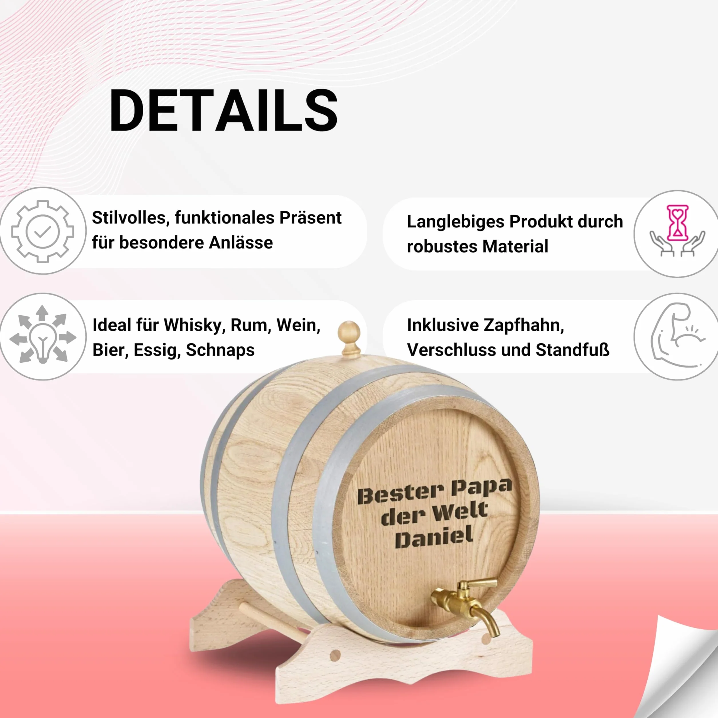 Barile in legno con incisione personalizzata e rubinetto in ottone, botte in rovere massiccio, con nome come regalo di compleanno, Natale (3 litri)