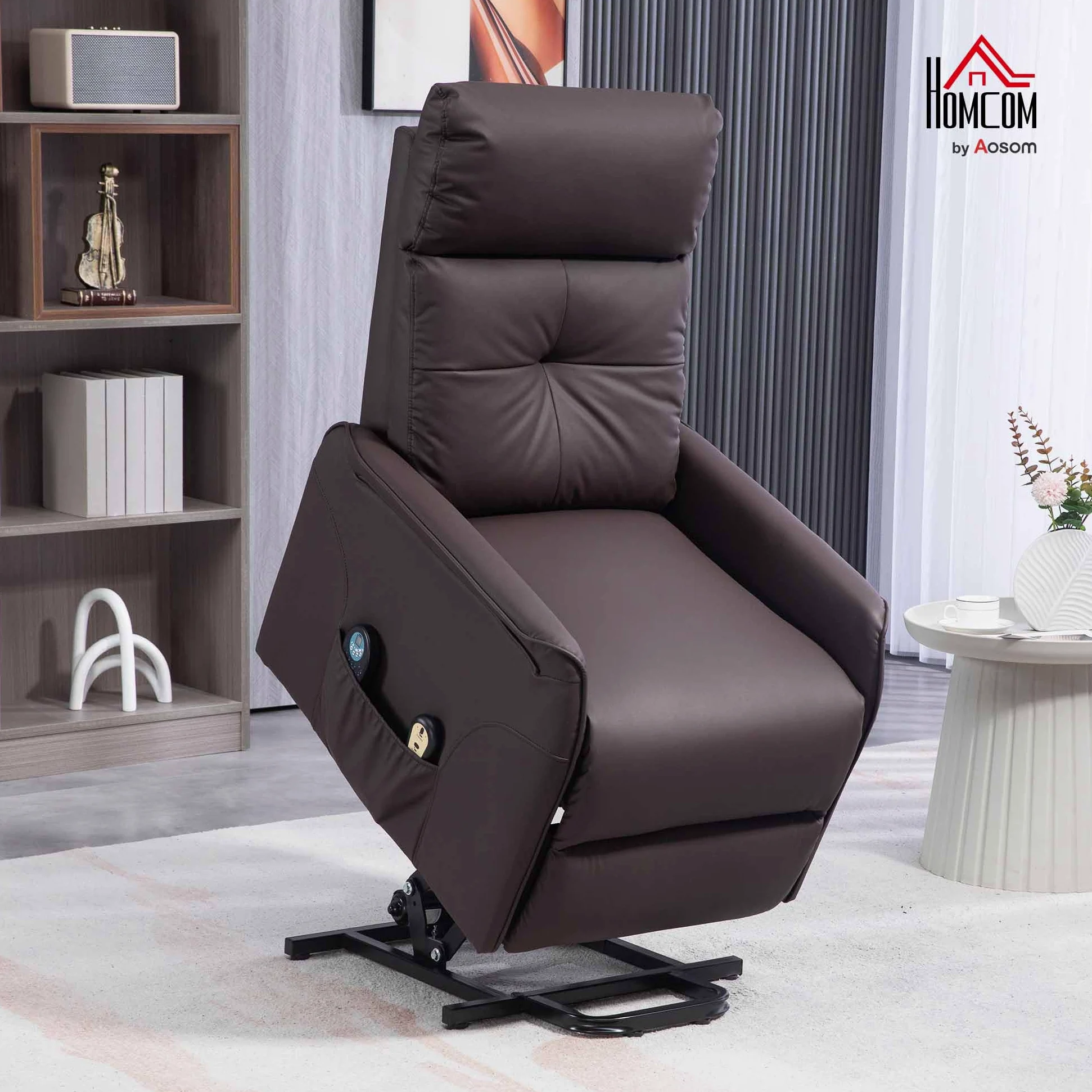HOMCOM Poltrona Elettrica Alzapersona Reclinabile in Tessuto, Poltrona Relax Elettrica (Tessuto antigraffio (60% poliuretano, 40% poliestere), Marrone scuro, 67L x 89P x 102A cm)