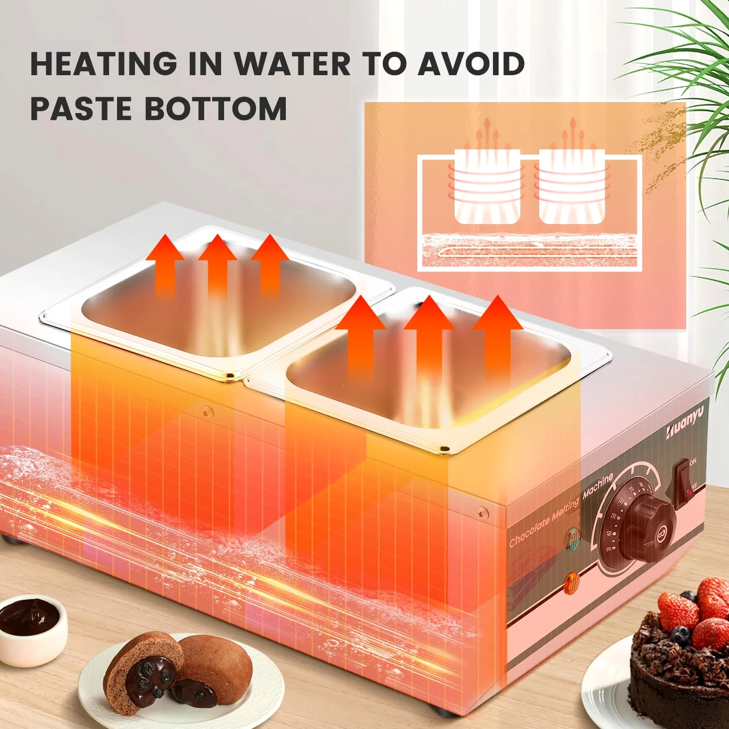 Huanyu cioccolato temperamento macchina con 2 vasche 30 ℃-110 ℃ cioccolato macchina di fusione 800W commerciale cioccolato Melter acqua riscaldamento cioccolato pentola di fusione