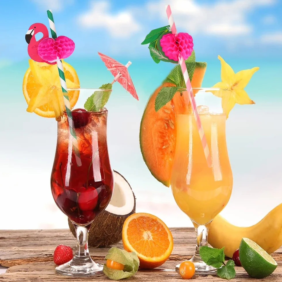 60 Pezzi Cannucce di Carta, Cannucce da cocktail con fenicottero Biodegradabili Cannucce per bere alle Hawaii Cannucce per la spiaggia, la piscina, il matrimonio, la decorazione di una festa estiva