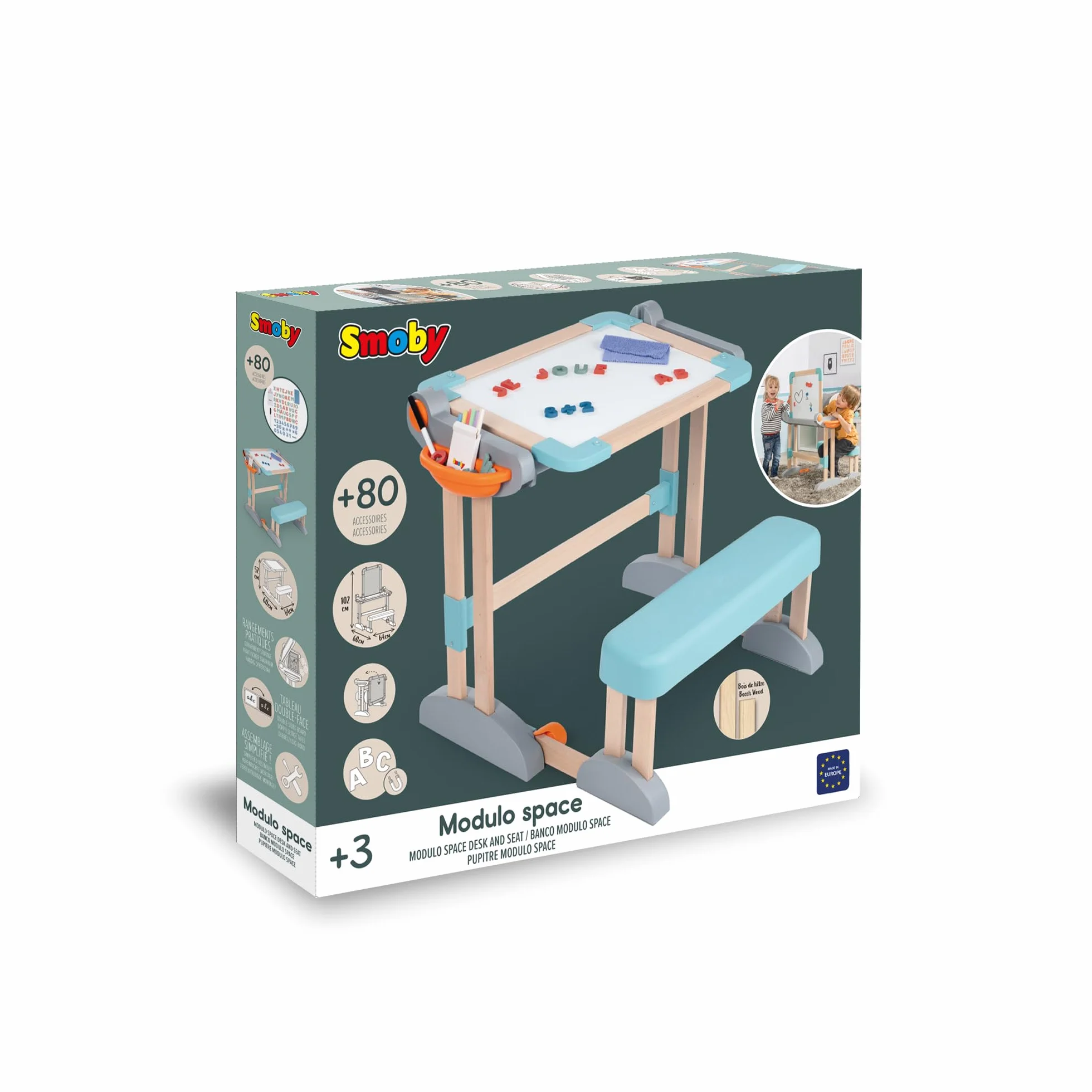 Smoby - Modulo Space Desk - Trasformabile in Lavagna bifacciale - Legno e plastica - Pieghevole e Compatto - 80 Accessori Inclusi - dai 3 Anni