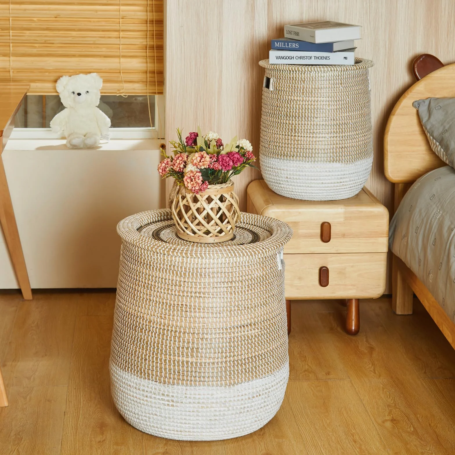Cesto Portabiancheria Grande con Coperchio, Cesto Intrecciato in Alghe Marine, Adatto per Riporre Vestiti, Giocattoli e Cuscini, Bianco e Marrone, 45,14 L/86,38 L