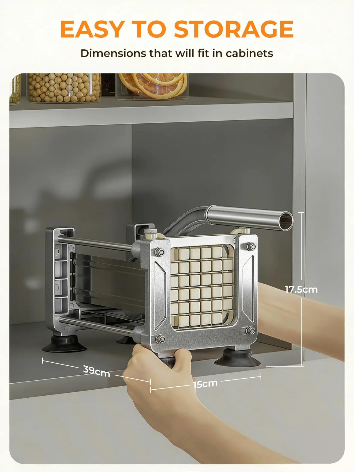 FOHRER Tagliapatate Professionale in Acciaio Inox con 3 Lame (13, 9, 6 mm) per Patate Intere, Carote, Cetrioli, Cipolle e Patate Fritte (Argento)