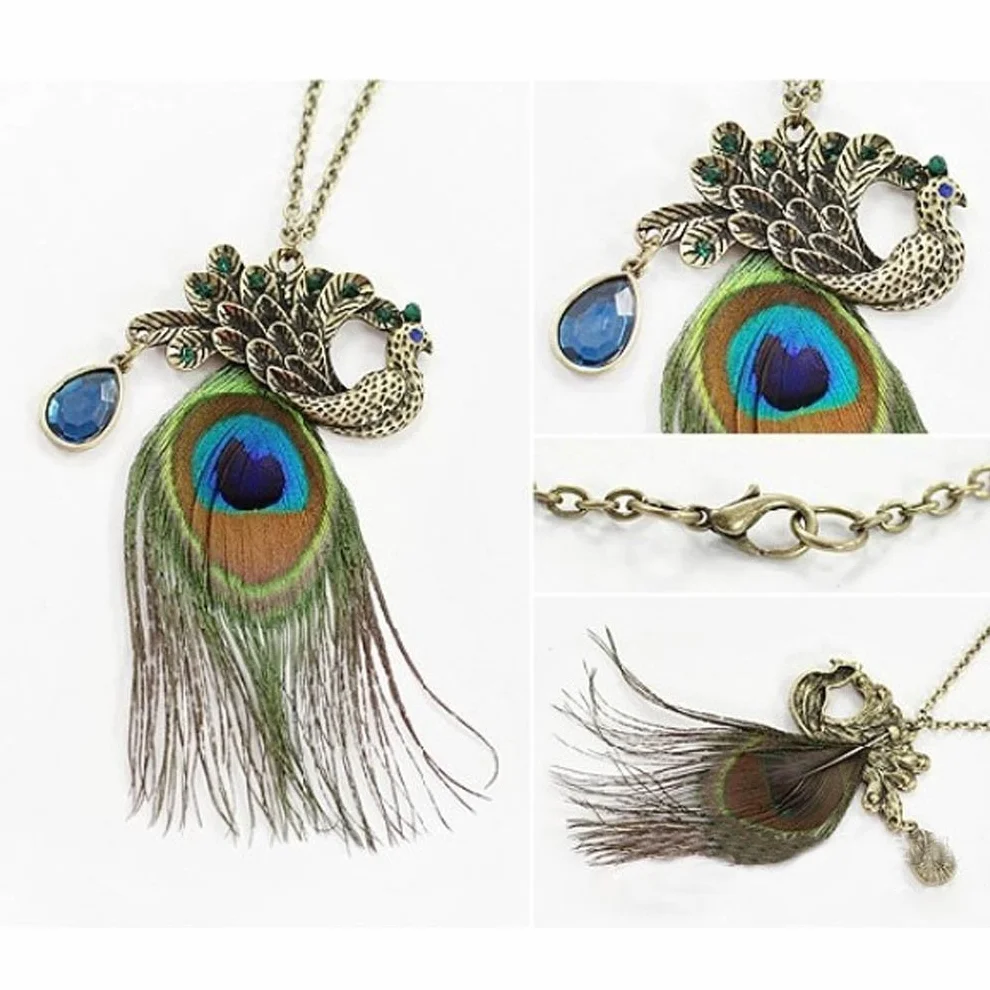 Collana lunga con ciondolo pavone piuma vera cristallo colorato