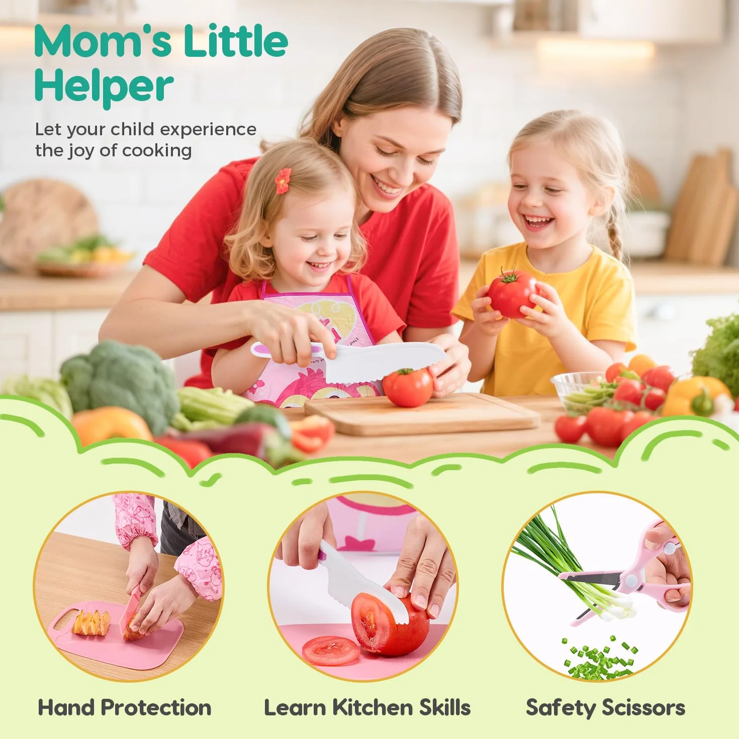 Set Cucina Montessori per Bambini 30 Pezzi, Gioco di Ruolo con Coltelli per Bambini, Accessori Cucina e Grembiule, Giocattolo Educativo dai 3 Anni