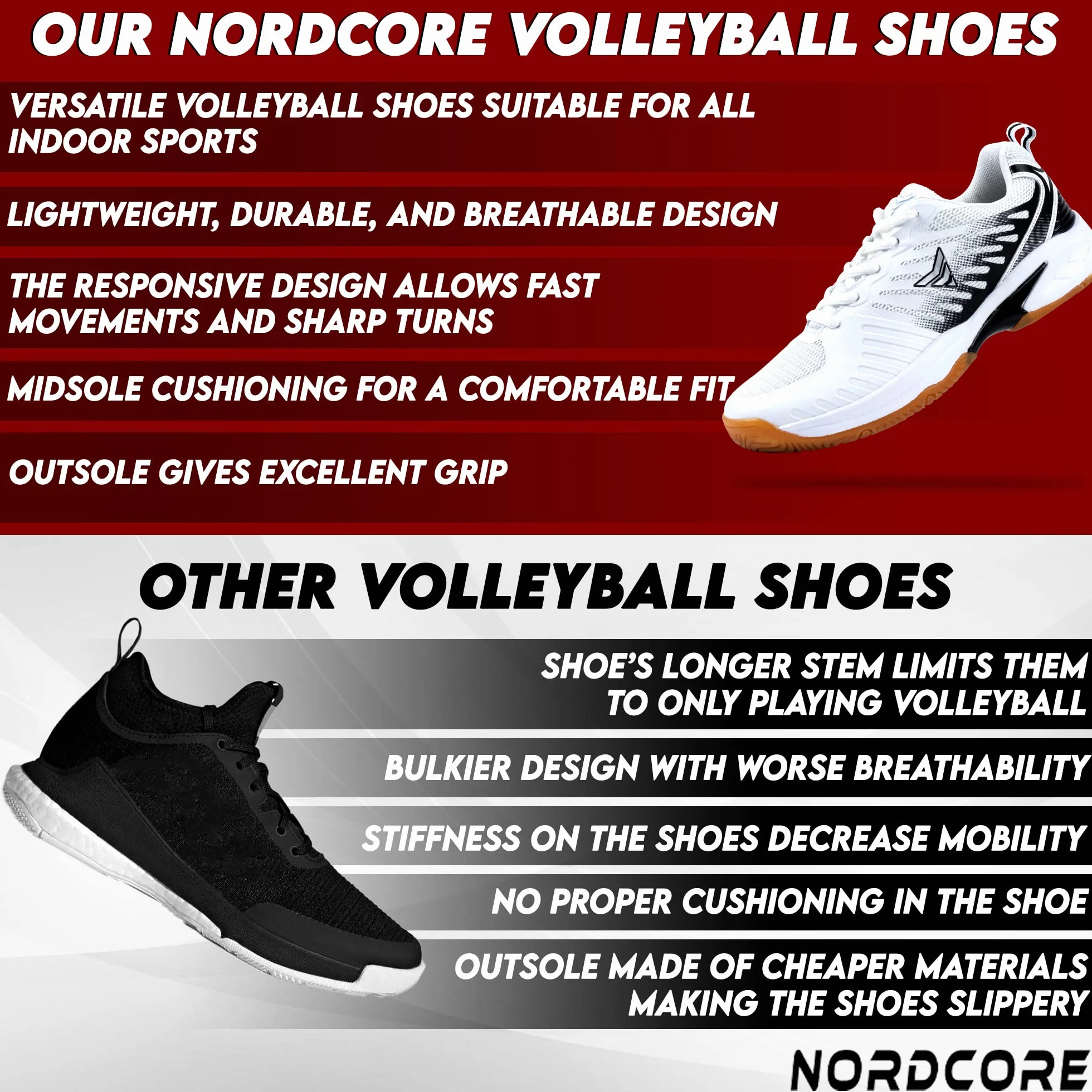Nordcore Scarpe da Pallavolo - Scarpe Pallavolo Donna e Uomo - Scarpe Volley Leggere Adatte a Pallamano, Badminton e Altri Sport Indoor