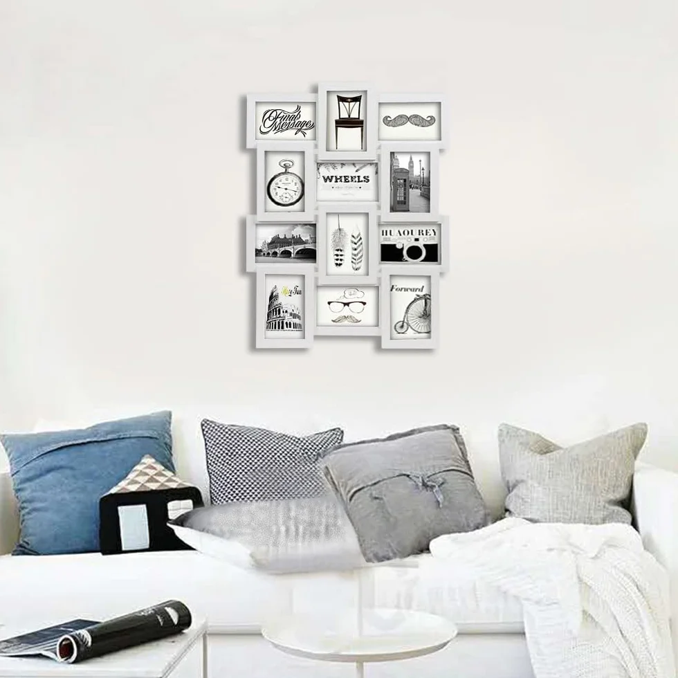 SONGMICS Cornice 10x15 cm Multifoto da Parete Posti di Foto e Un Portafoto Singolo da Tavolo Bianco con Venatura del Legno RPF112W, Confezione da 12, unità