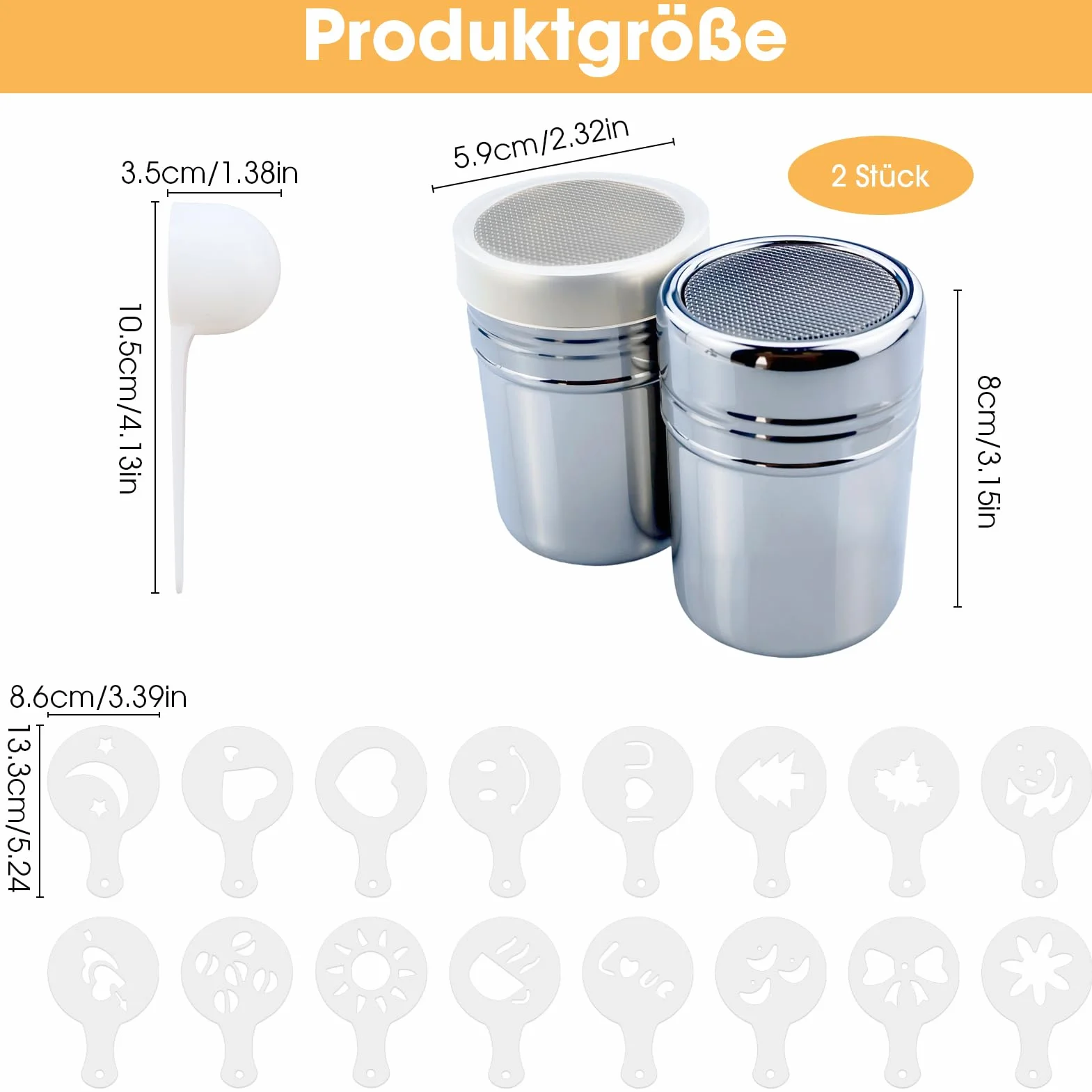 2spargitore in acciaio inox, coperchio macina zucchero, per cappuccino, polvere, colino zucchero, 16 stampi rilievo, cucchiaio dosatore