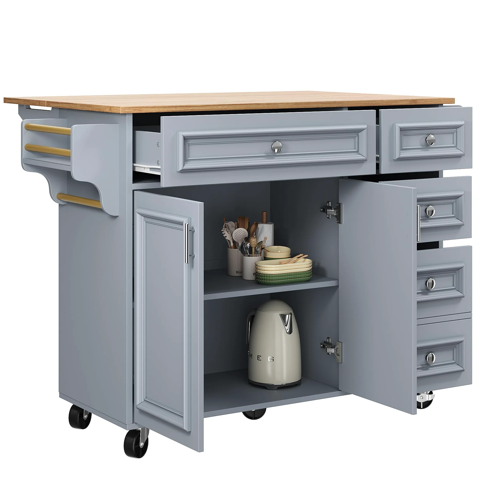 TIZZ Isola da cucina, 110 x 45 x 75 x 92 cm, moderna credenza da cucina, carrello da portata rimovibile, stile vintage, tavolo da pranzo multifunzione con spazio di archiviazione, blu