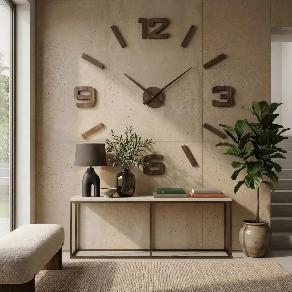 FLEXISTYLE Orologio da parete 3D fai da te, in legno di quercia/nero, grande, 100-130 cm (spessore 20 mm), decorazione da parete, per ufficio, soggiorno, camera da letto, articolo decorativo, orologio