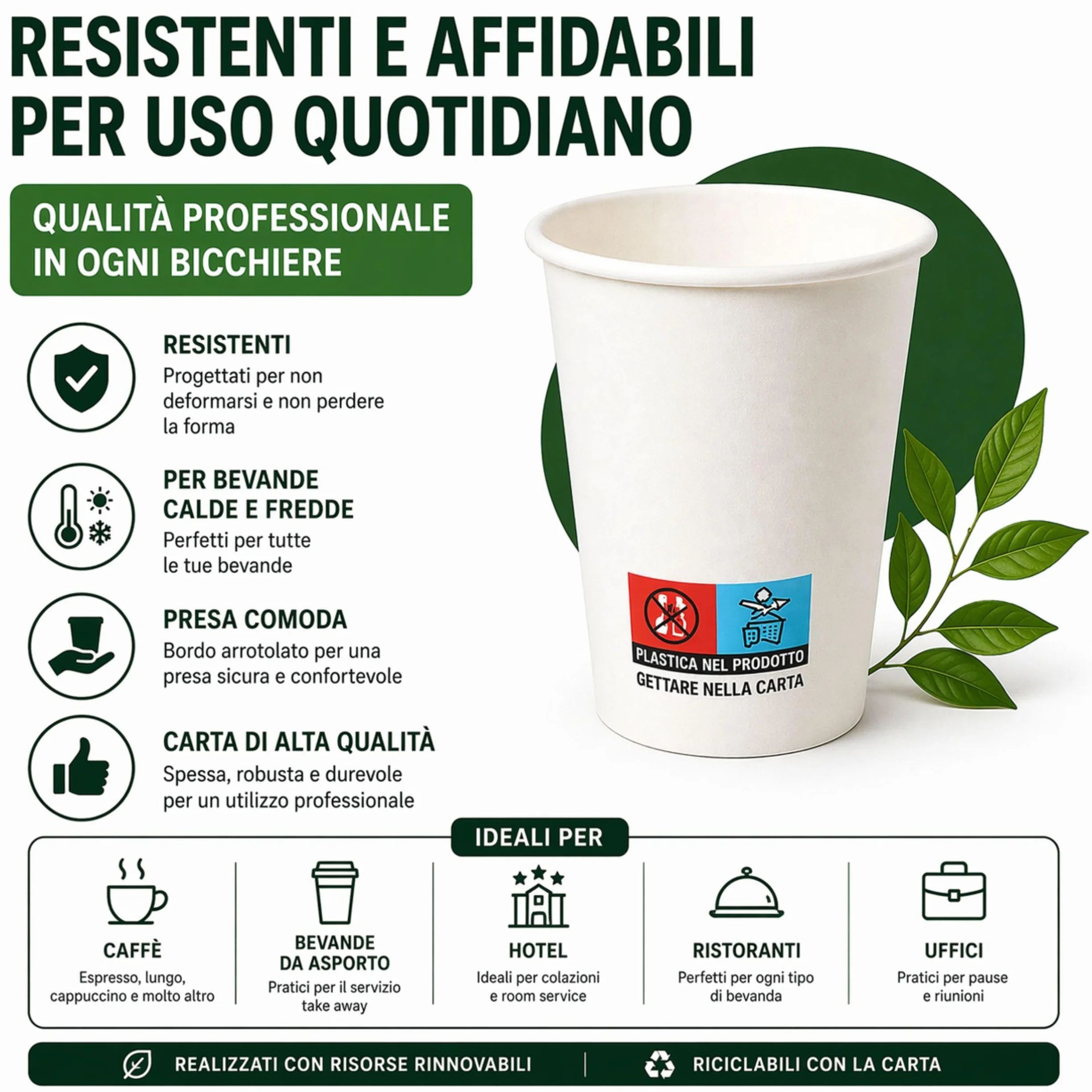 Bicchieri Carta 200 ml Monouso Bianchi MP ECO SOLUTION 1000 per Acqua e Bevande Calde Made in Italy