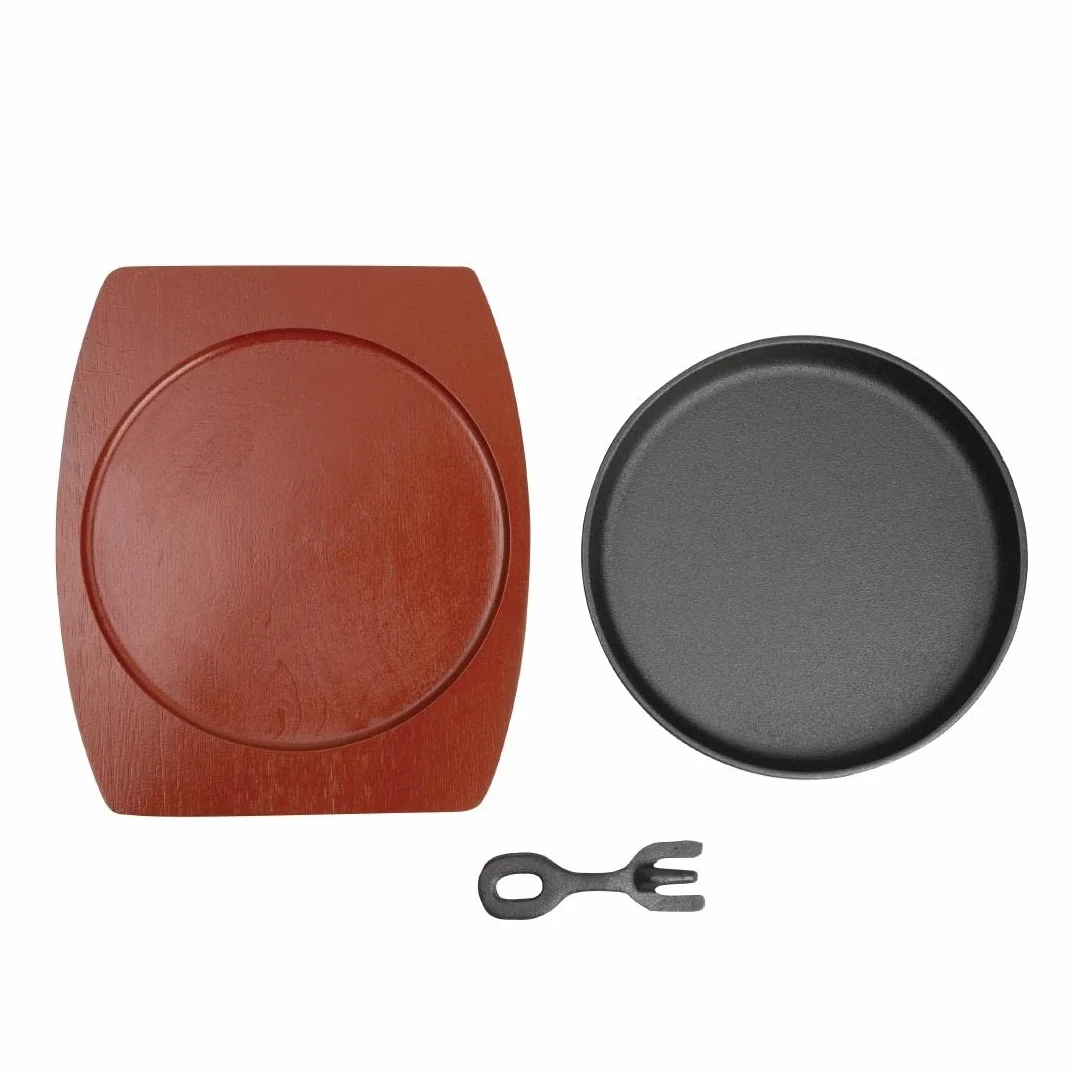 Olympia ghisa rotonda Sizzler con supporto in legno 220 mm piatto da portata