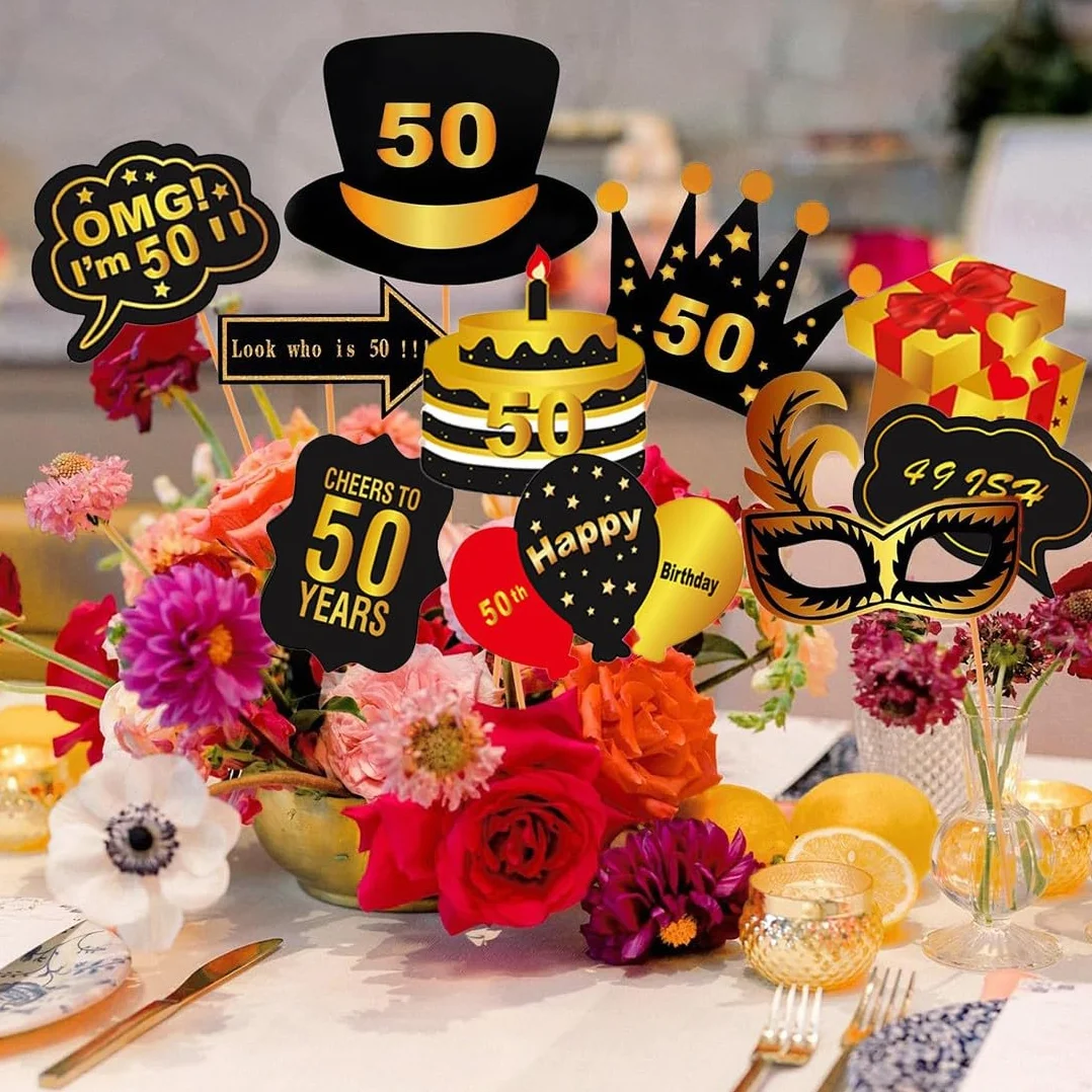 50° Set di oggetti scena per foto di compleanno, Photo Booth Compleanno Accessori Fai da Te Carta per Festa Compleanno Gadget 50 Anni feste di compleanno (30PCS)