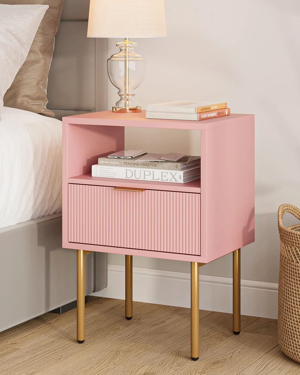 HEYZOEY Comodino, comodino con 1 ripiani aperti e 1 cassetto, comodino moderno, per camera da letto, soggiorno, rosa