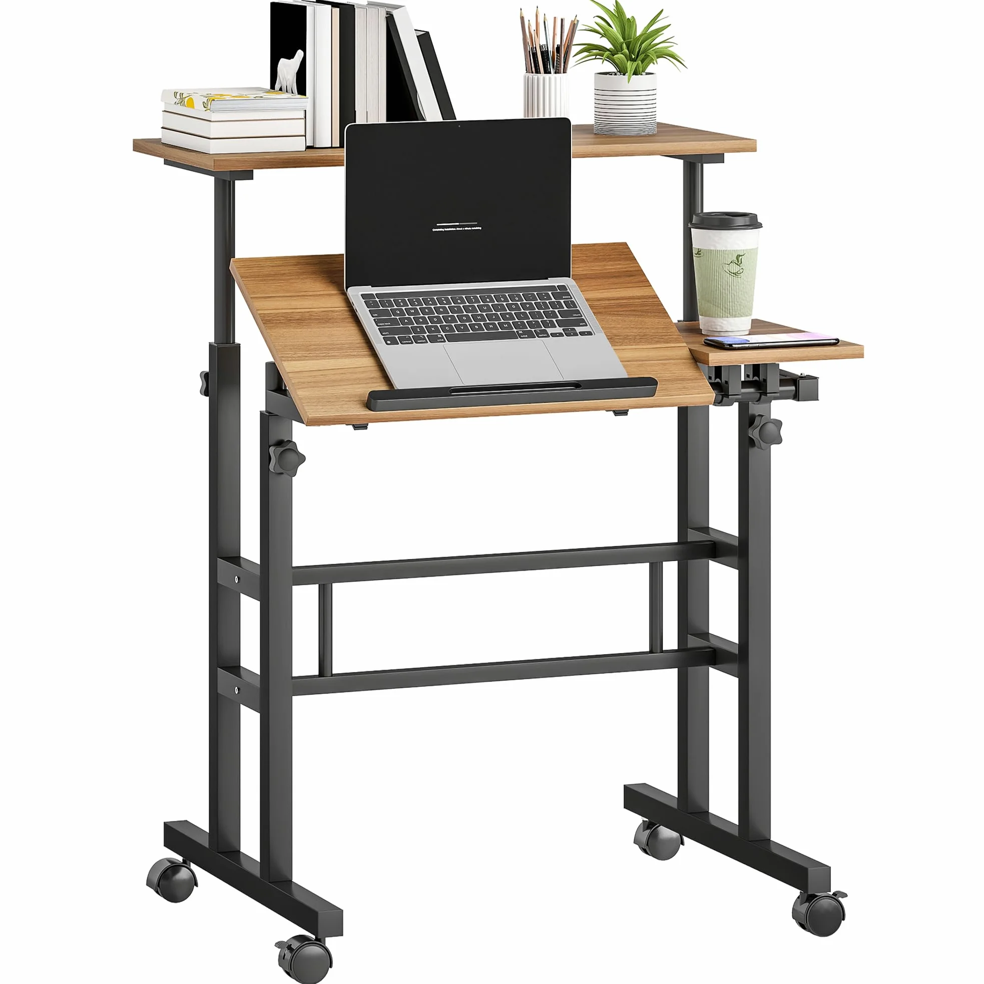 HOMCOM Scrivania sit-stand regolabile in altezza 70x60cm Marrone | Scrivania computer su ruote, piano inclinabile, postazione di lavoro per camera da letto, piccoli spazi