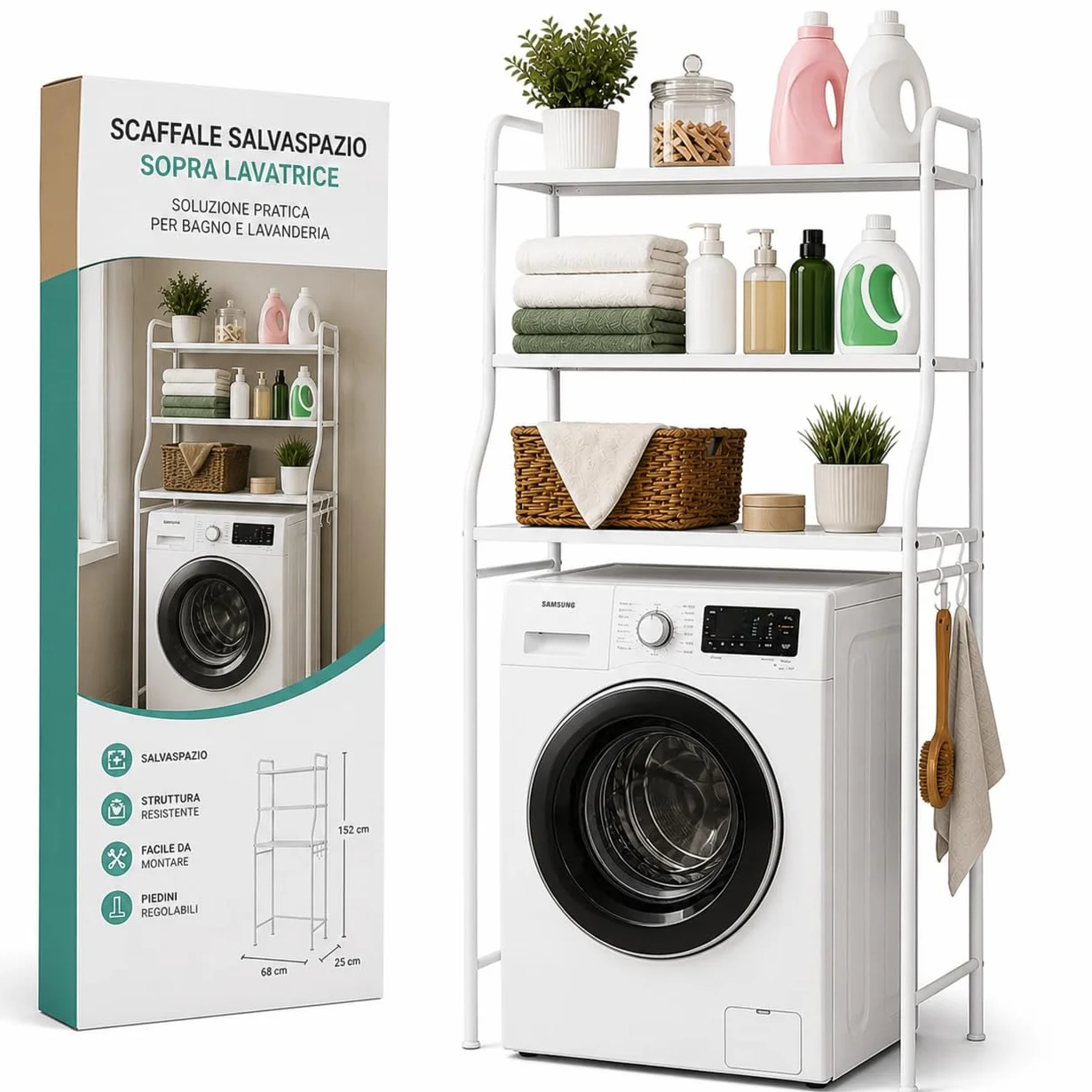 Stabile Mobile Lavatrice Salvaspazio 3 Ripiani Scaffale Organizer Bagno Lavanderia Acciaio con Ganci Laterali Piedini Regolabili