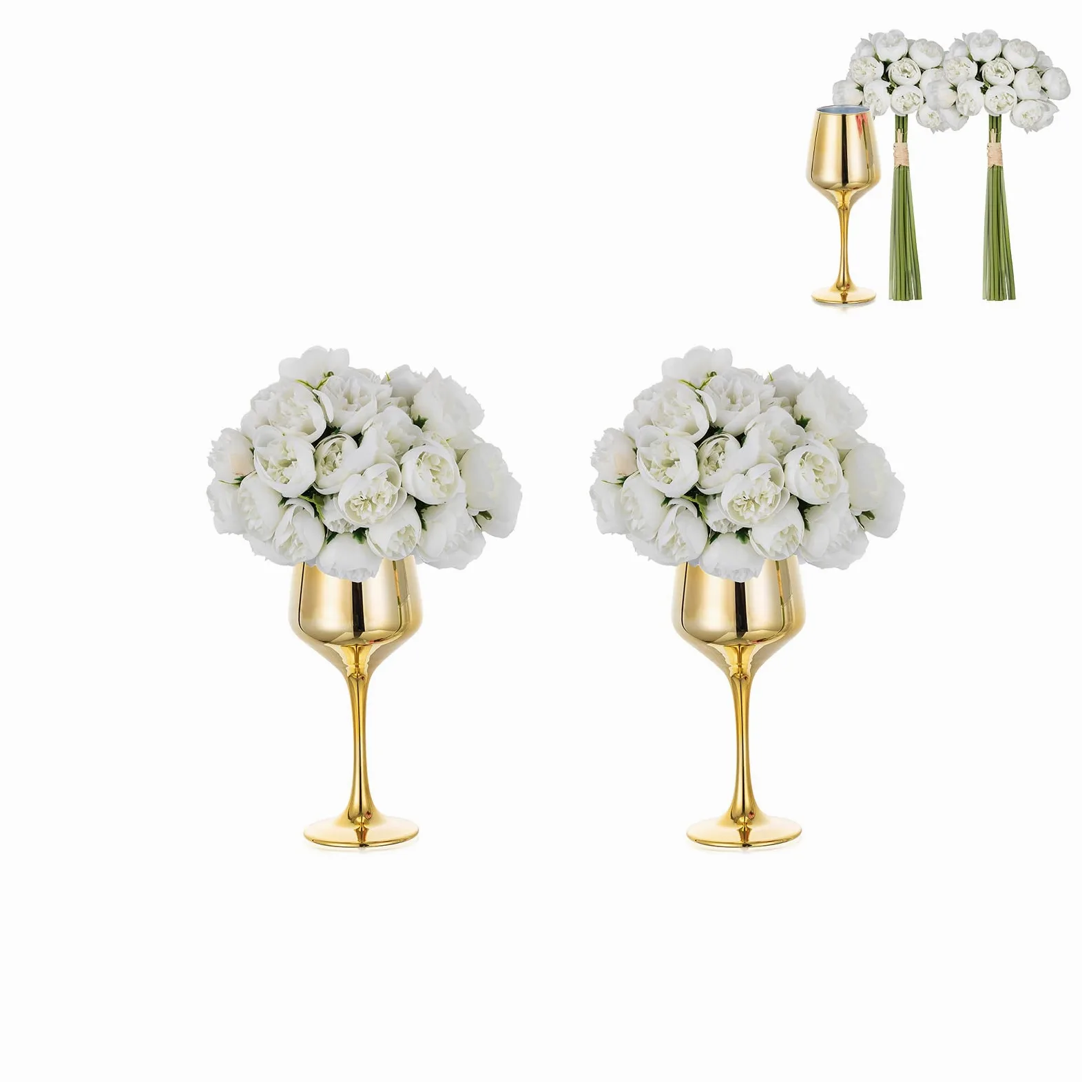 NUPTIO Piccolo Vaso di Vetro con Fiori: 2 Set 21cm Vasi D'oro con Fiori Artificiali Bianchi per Centrotavola Matrimonio, Finta Peonia Composizione Bouquet per Festa Compleanno Decorazioni per Casa