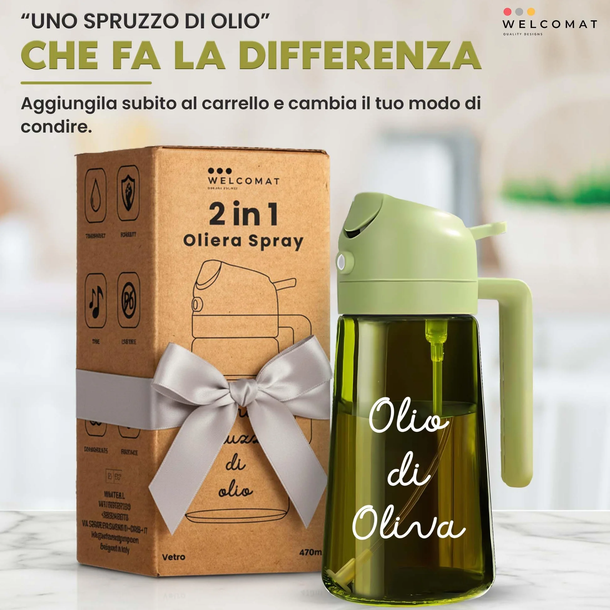WELCOMAT Spruzzino Olio 470 ml 2 in 1 Nebulizzatore Vetro per Friggitrice ad Aria Insalata BBQ