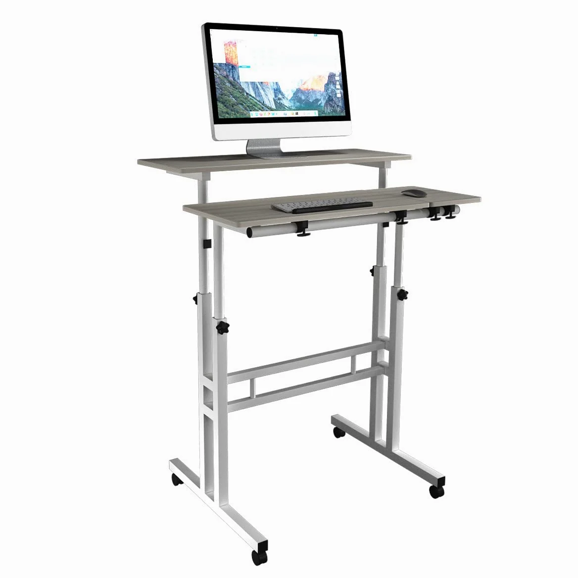 DlandHome Scrivania Sit-Stand Laptop,laptop stand standing desk Tavolino Caffe per Casa o Studio con 4 Ruote Mobile e Blocco, Scrivania Lavoro per Discorso, Altezza Regolabile 67-115cm, di Legno Acero