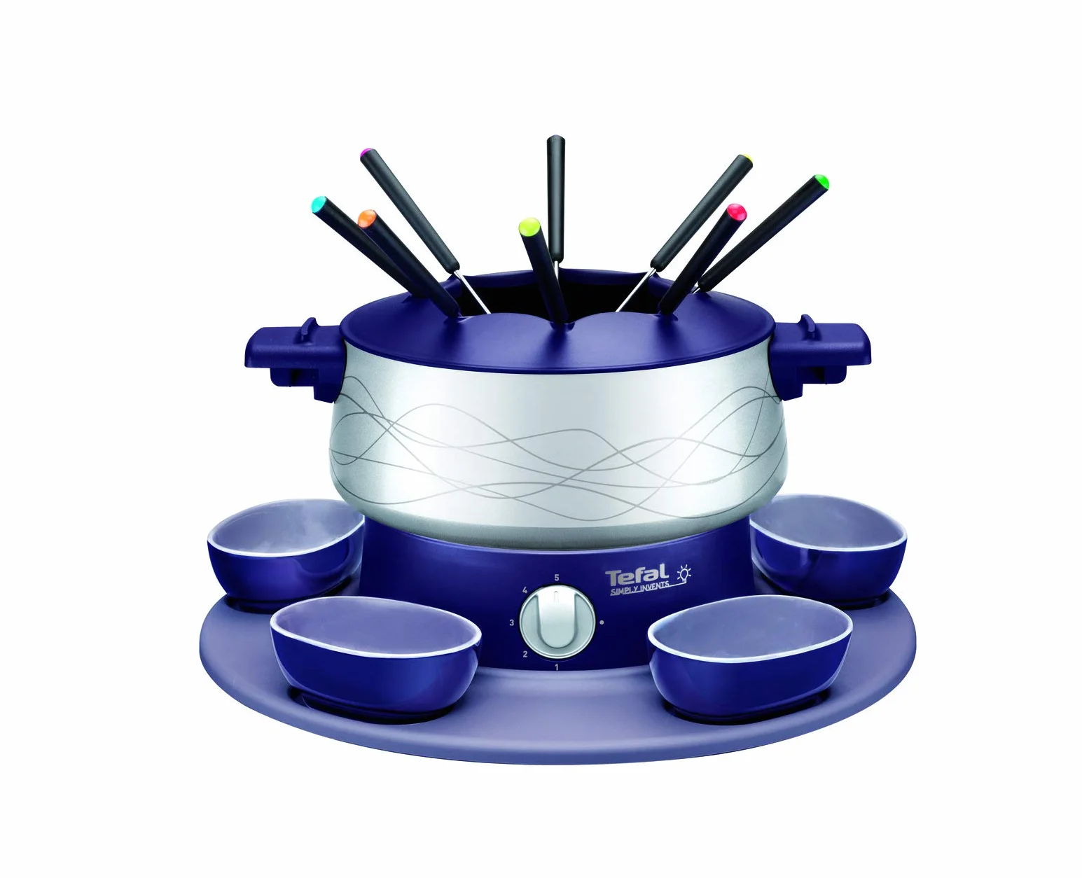 Tefal EF351412 - Apparecchio per fonduta Simply Invent, completo di 1 tegame, 8 forchette e 5 recipienti, colore: blu indaco