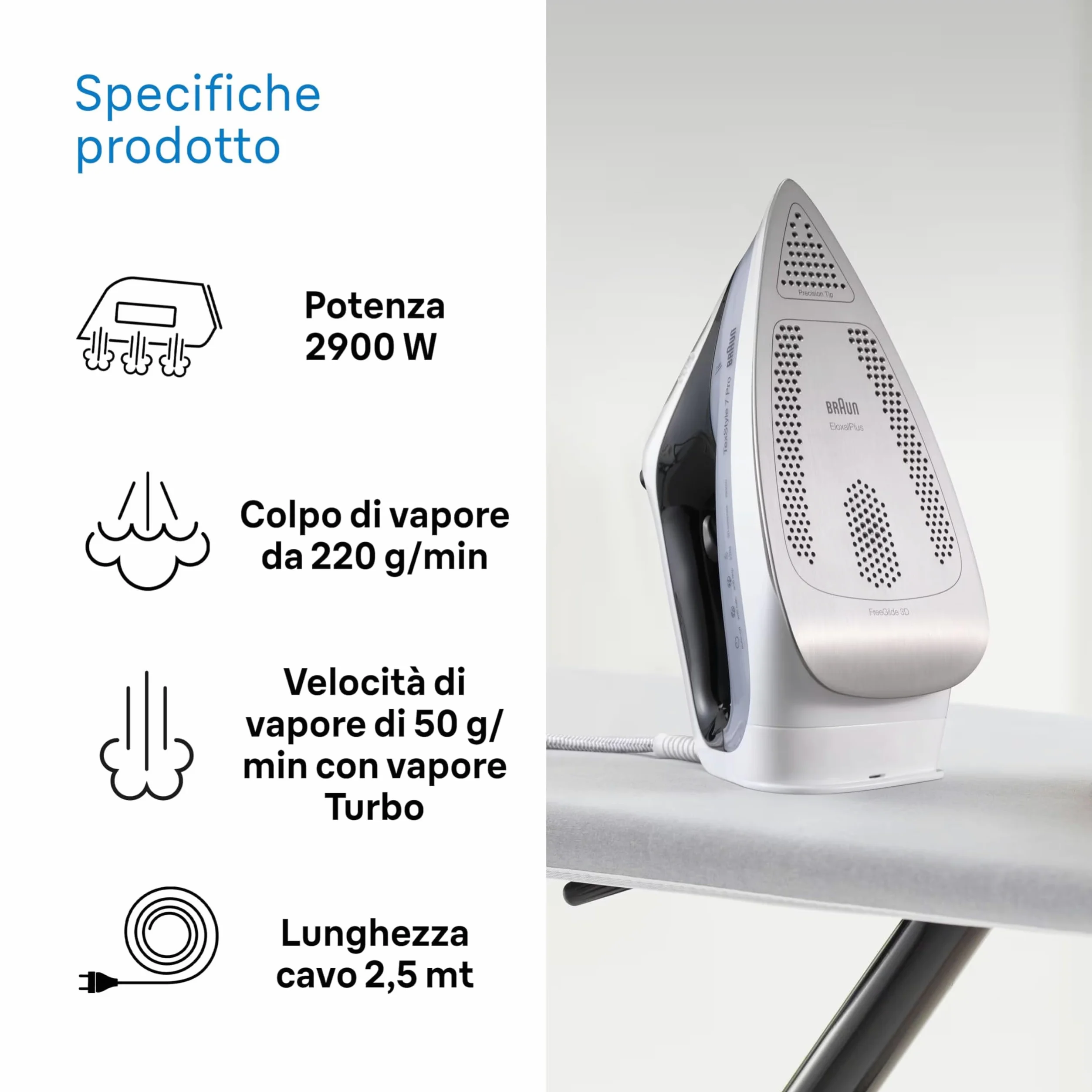 Braun TexStyle 7 Pro SI7149WB, Ferro da Stiro con Piastra FreeGlide 3D EloxalPlus, 220 g/min, Punta di Precisione, Manico Ergonomico, Ricarica da 300ml, Sistema Antigoccia, 2900W, Bianco/Grigio