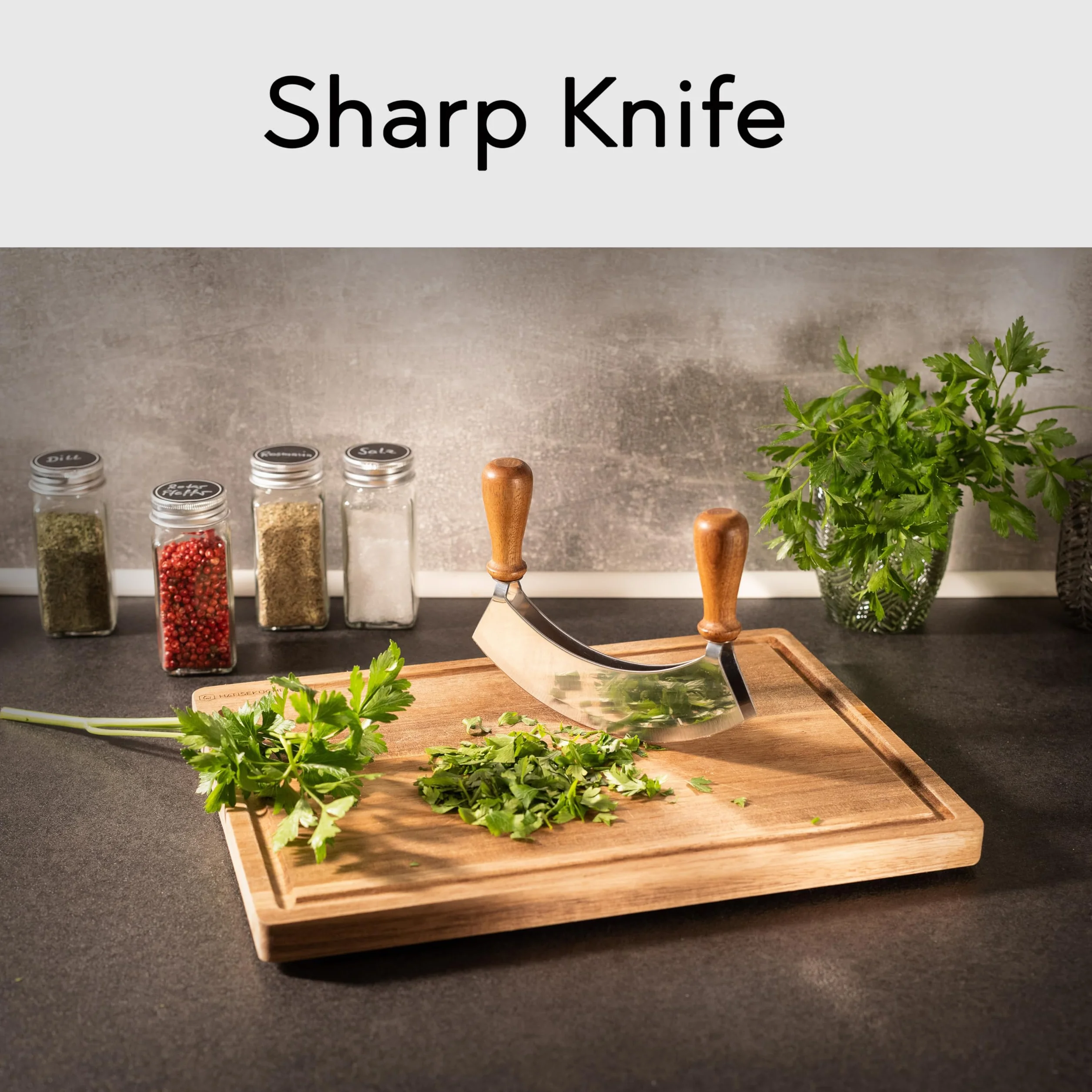 Hanseküche Coltello per erbe aromatiche, tritatutto, doppio gambo, 17,5 cm, acciaio speciale, lama da cucina per tritare finemente e tagliare le erbe (tritatutto)