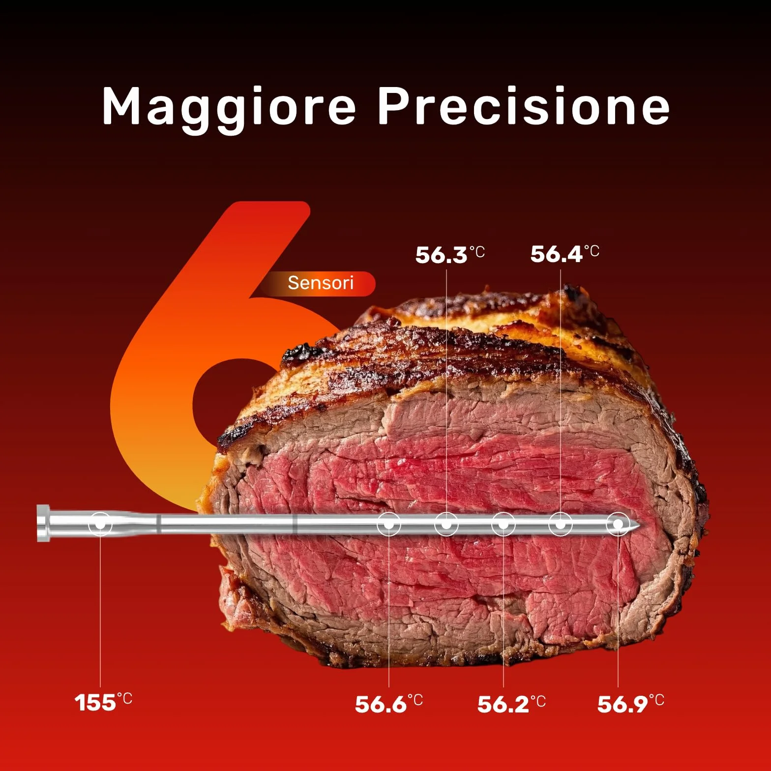 Termometro per carne Bluetooth 6 sensori IP69 impermeabile resistente all'olio precisione ±0,1°C monitoraggio app allarme