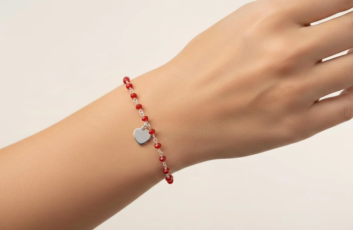 Bracciale Donna Primavera Estate con Cristalli Rossi e Ciondolo Cuore - Braccialetto Sottile Colorato Gioiello Elegante per Cerimonia Party Eventi