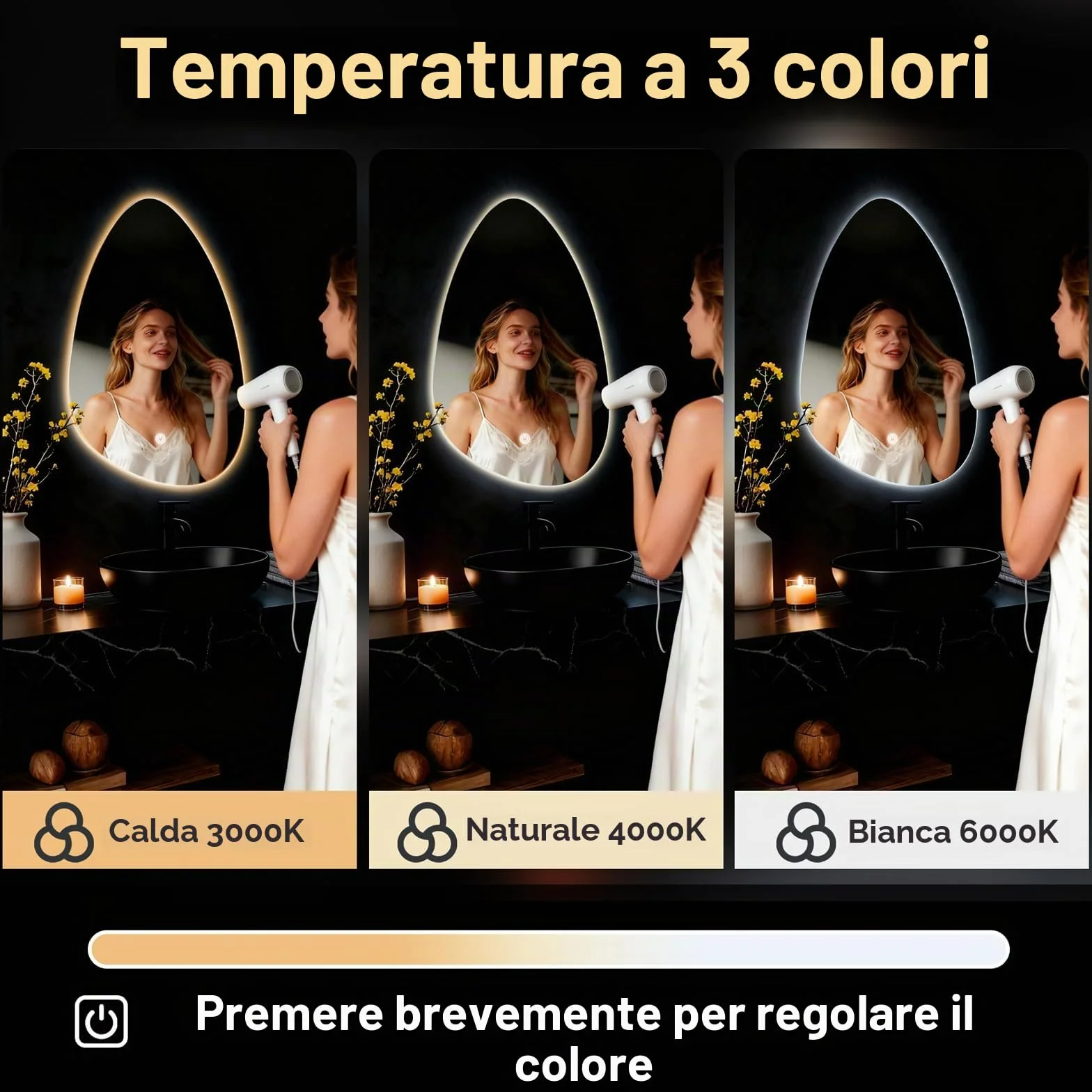Specchio da parete rotondo per bagno, con illuminazione, specchio con luce LED, interruttore touch e 3 colori dimmerabili (60 L x 40 cm)