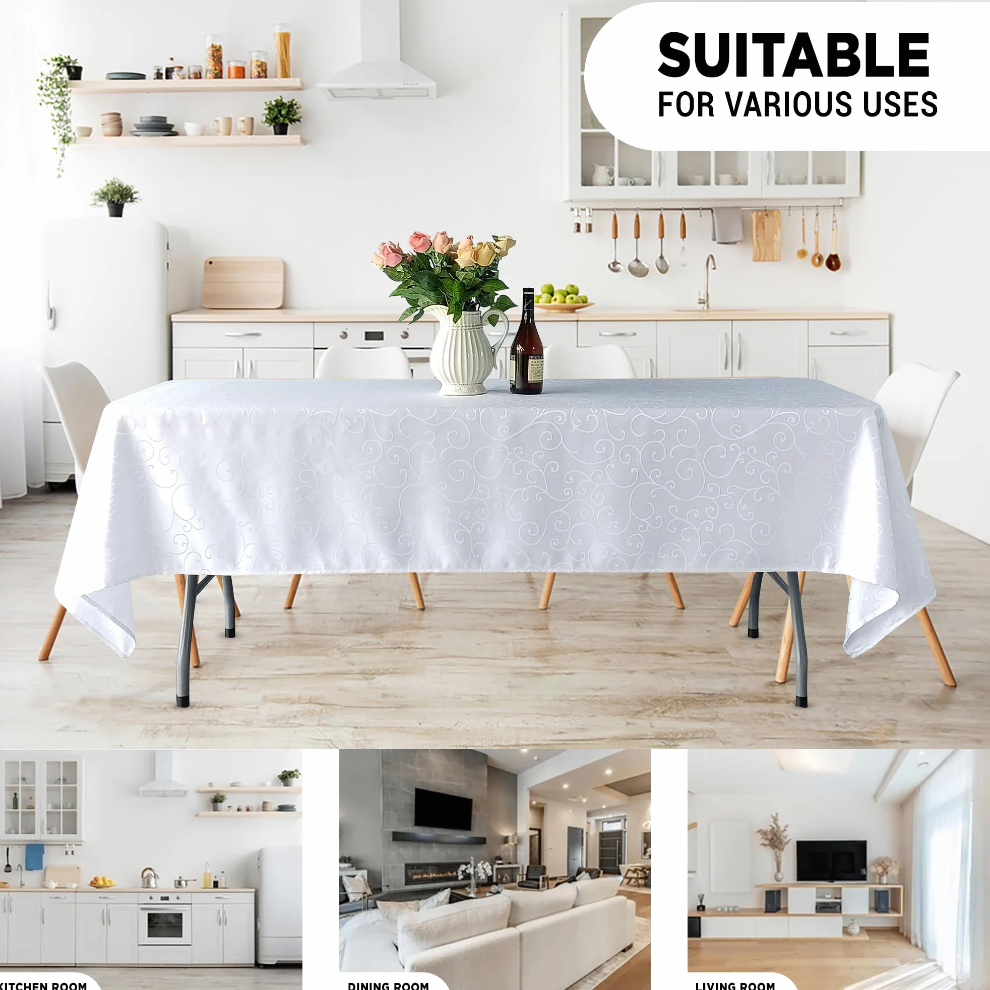 Trimming Shop Tovaglia damascata rettangolare 228,6 x 335,3 cm, motivo a vortice con rami, per banchetti, feste, casa, cucina, ristorante, matrimoni, Natale, 5 pezzi
