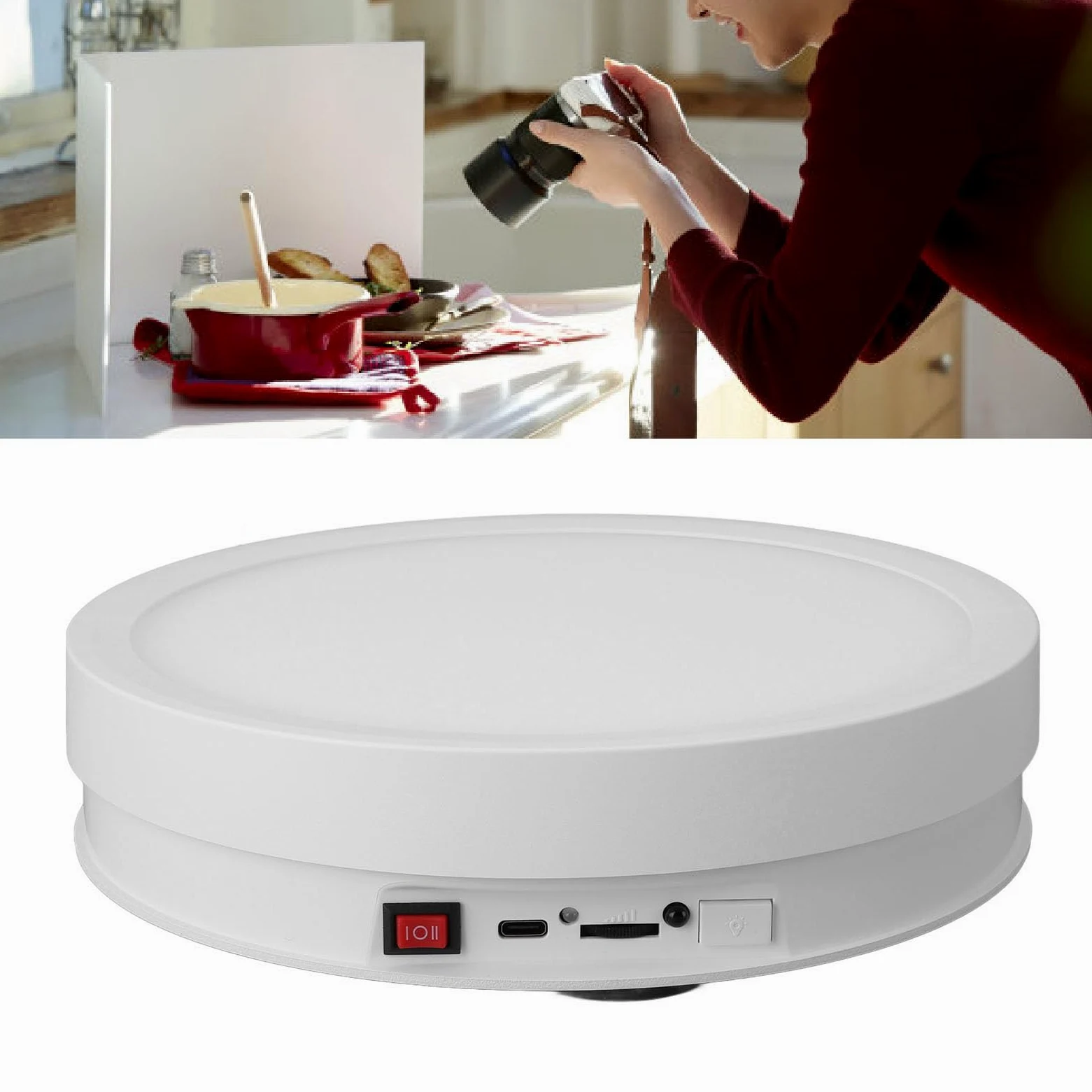 Espositore Rotante Motorizzato da 22 Cm con velocità Regolabile della Luce LED per Esposizioni Fotografiche di Gioielli e Orologi