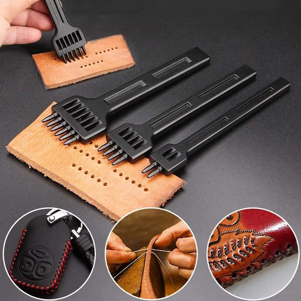 Scalpelli Set di Cuoio, 3 Pezzi Pugno Acciaio, Punzoni in Pelle, Professionale DIY Metallo 2/4/6 Poli Perforazione Strumenti per Cintura, Pelle, Cinturino, Cartoncino, Gomma (5 MM)