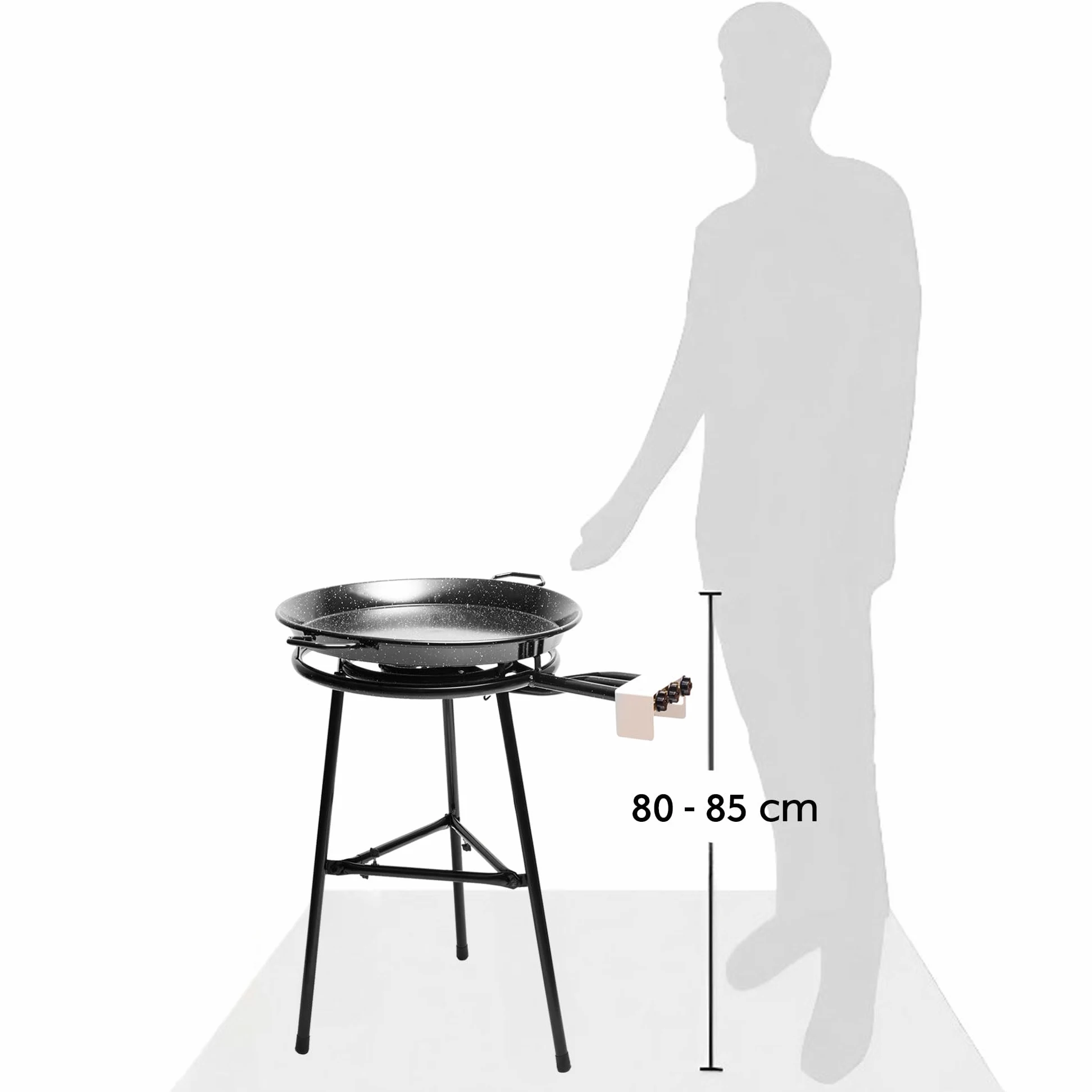 briebe Set Bruciatore a Gas Paellero 3 Fuochi 60-40-20 cm + Padella per Paella Smaltata 65 cm 22 Porzioni + Supporti 3 Gambe, Robusto Treppiede Regge Fino a 200 KG, Kit Paella
