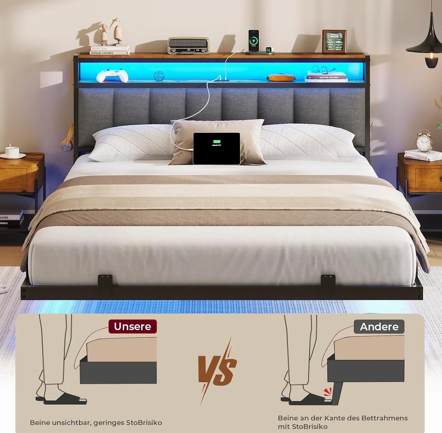 AOGLLATI Letto Matrimoniale, Letto 160x200 cm con Illuminazione a LED e Stazione di Ricarica, Struttura Letto con Testiera Imbottita, Effetto Visivo Levitante, Stile Minimalista, Grigio Scuro