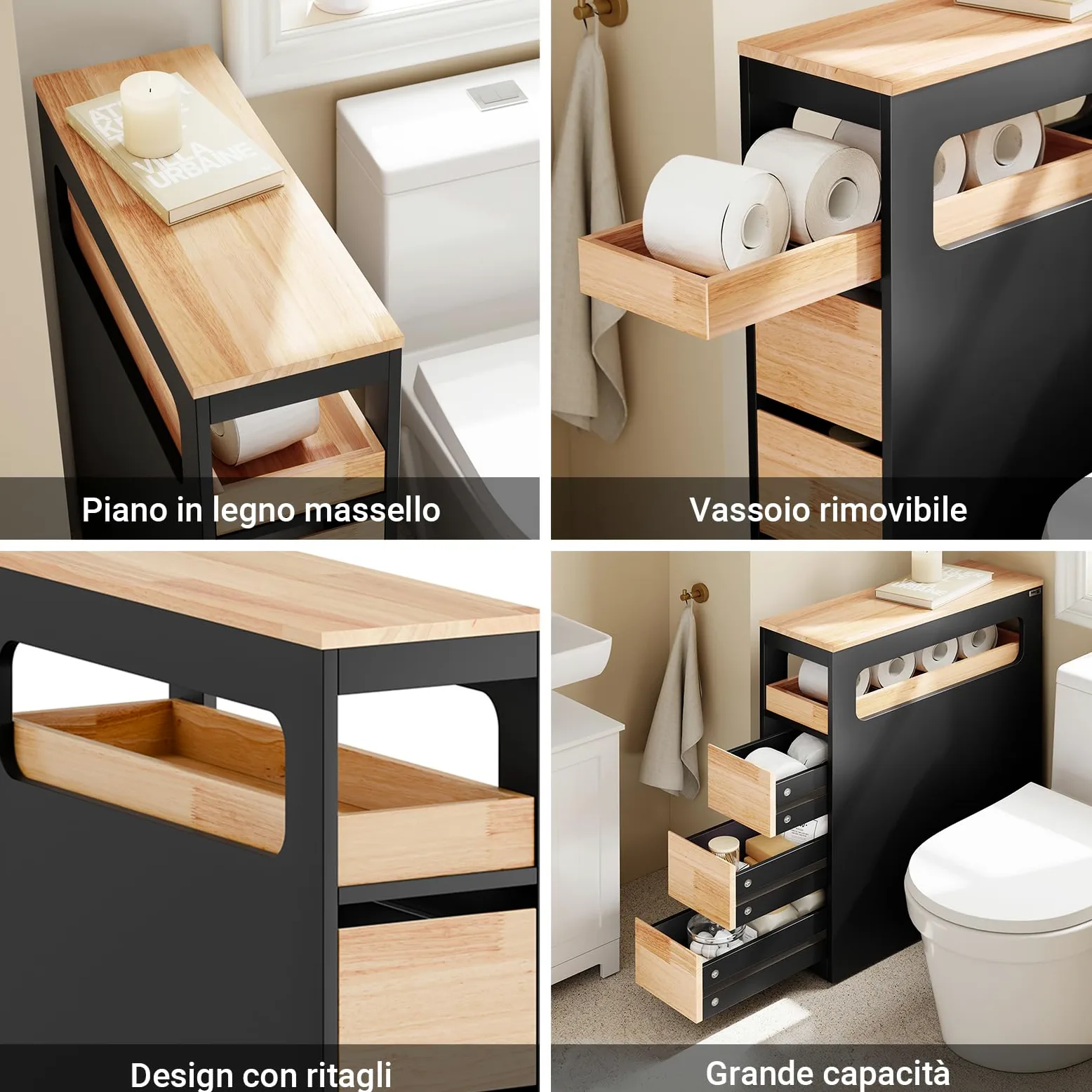 SoBuy Mobiletto Bagno Salvaspazio Cassettiera Bagno Stretto 3 Cassetti con Ruote per Angoli e Nicchie per Piccoli Spazi e Famiglie Nero 65x23x82cm BZR54-II-SCH