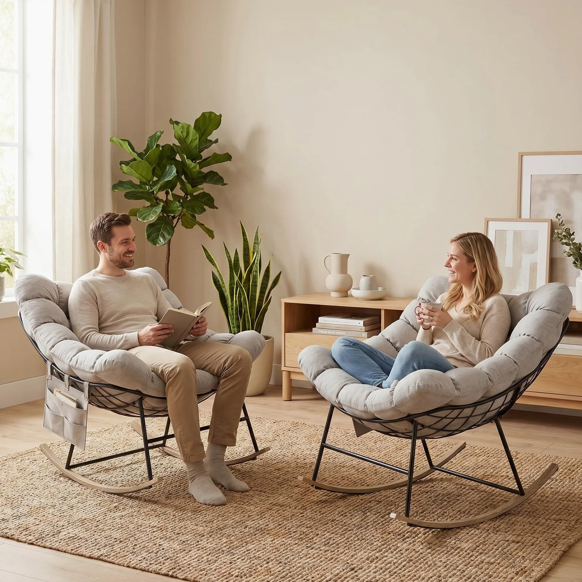 Fiutazge 2 Pezzi Sedia a Dondolo da Esterno,Poltrona Relax Ergonomica a Forma di Uovo per Giardino,Balcone,Veranda e Soggiorno,Portata 180 kg,Beige
