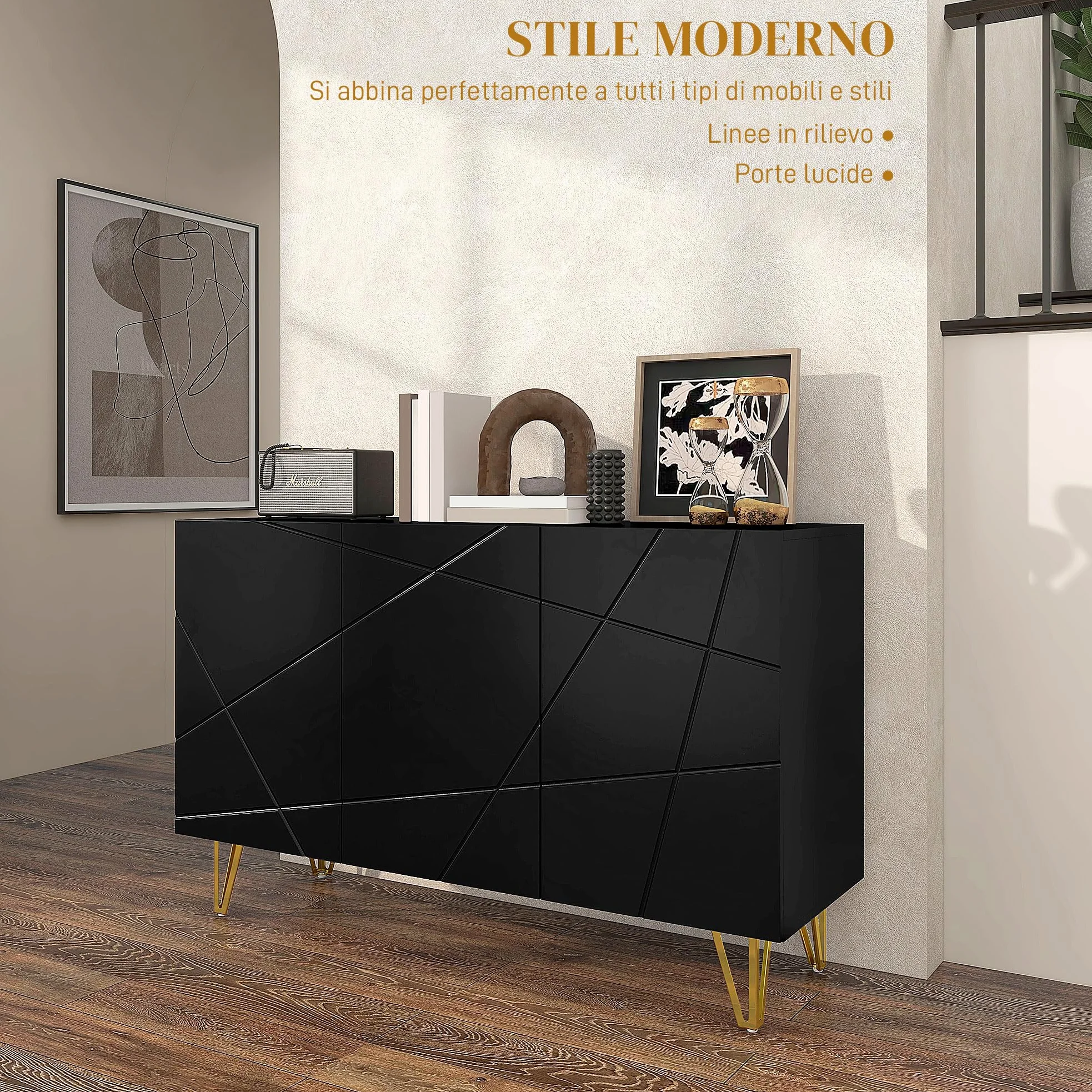 HOMCOM Mobile Contenitore con 2 Armadietti e Ripiano Regolabile a 3 Livelli, Credenza Moderna con Gambe in Metallo, 120x40x75 cm, Nero e Oro