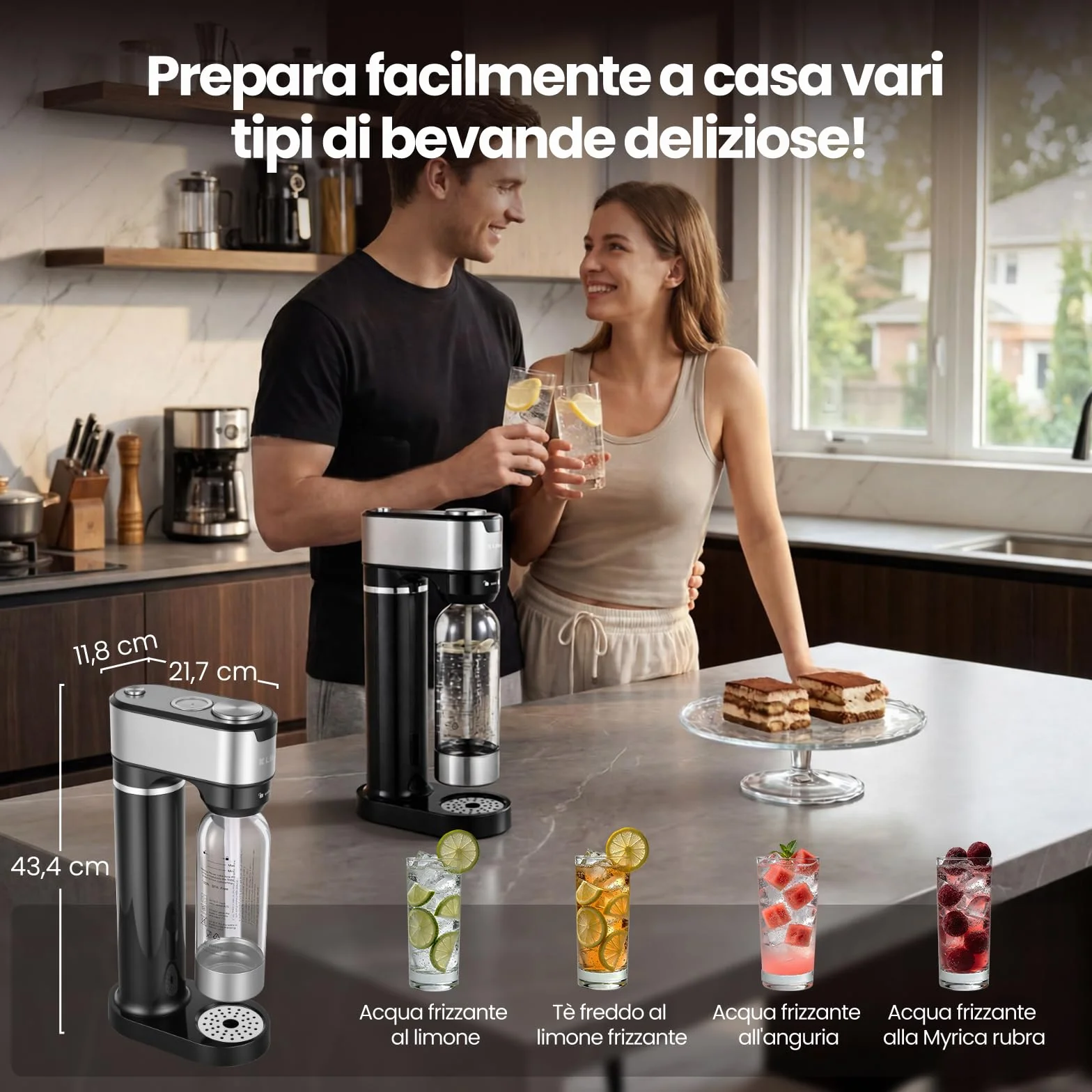 LLIVEKIT Gasatore d’acqua con 4 Livelli di Effervescenza, Bottiglie PET 0,5 L e 1 L, Acciaio Inox, Nero