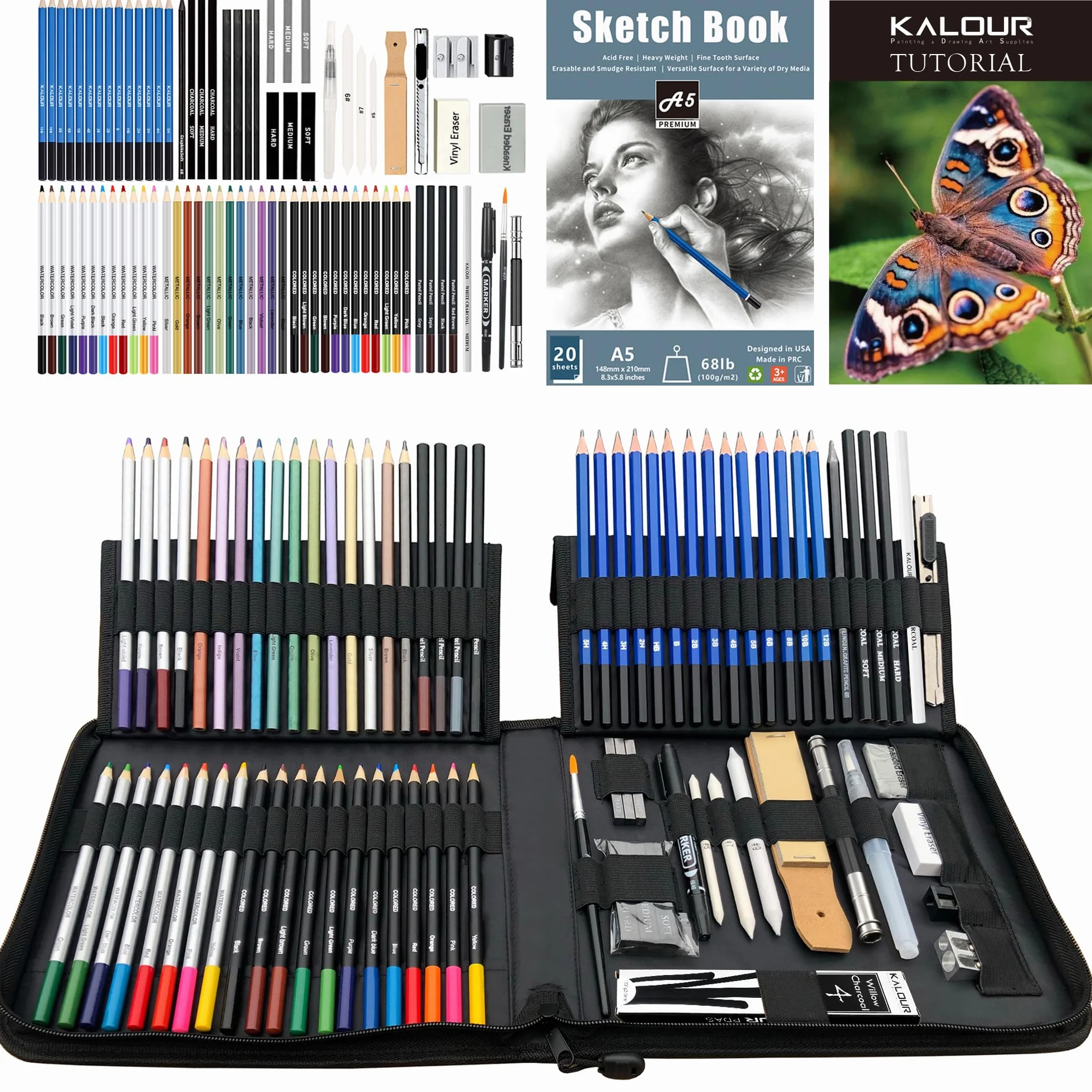 KALOUR Kit da Disegno e Schizzo 84 Pezzi, Forniture Professionali per Artisti con Blocco da Disegno, Comprende Tutorial, Matite Colorate, Grafite, Carbone, Acquerello, Metalliche e Pastello