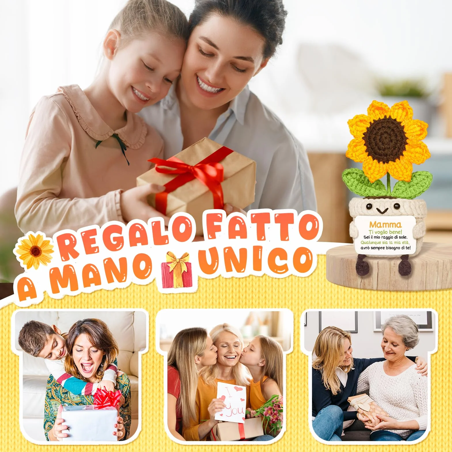 Girasole Amigurumi Decorativo Fatto a Mano 6x6x14cm Regalo Mamma Compleanno Idea Regali Madre Originali