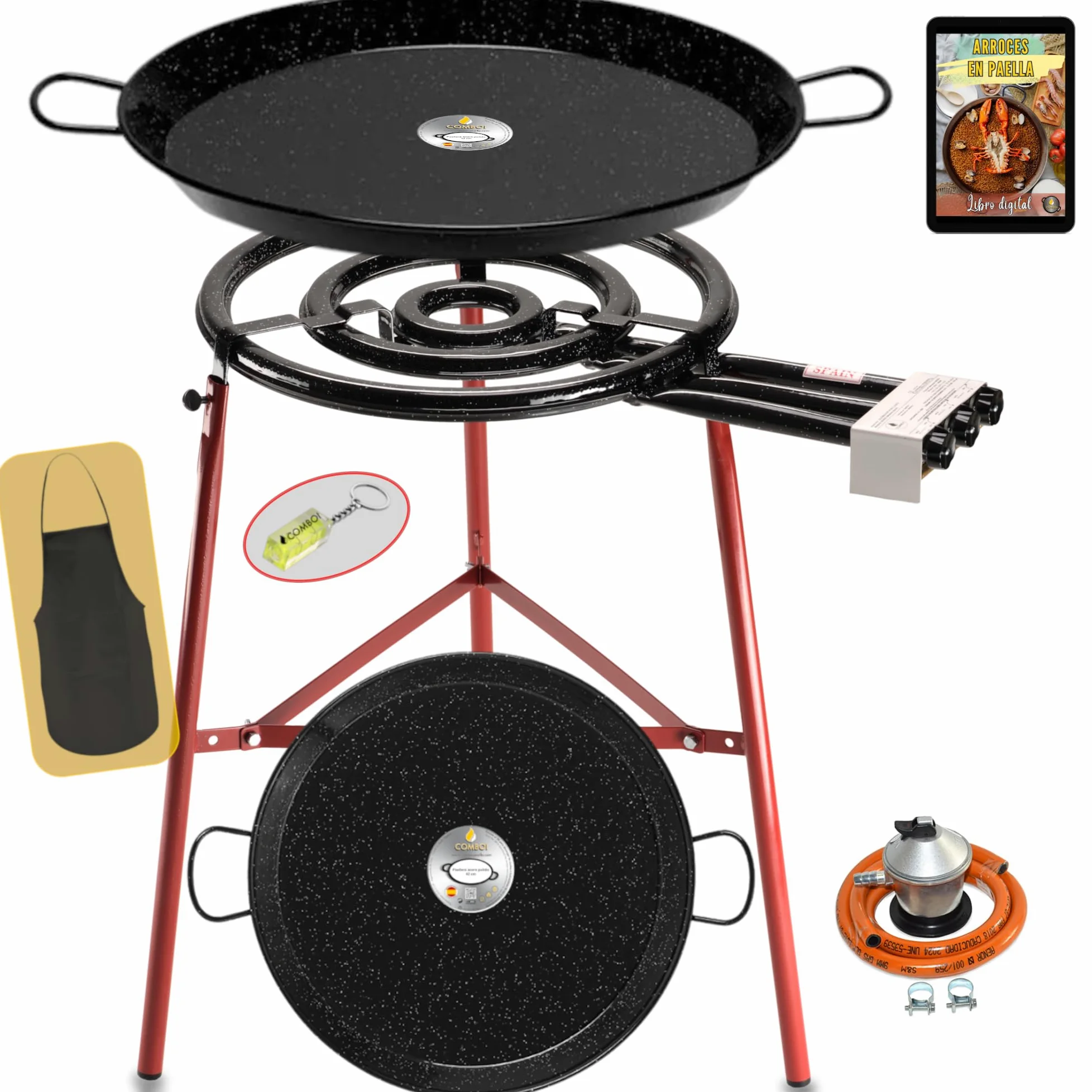 COMBOI Kit Paellero Pro-E 53 cm, Bruciatore a gas butano-propano, Paellera smaltata 70 e 42 cm, Regolatore, Tube, Gambe rinforzate, Livello, Grembiule, Libro ricette digitali